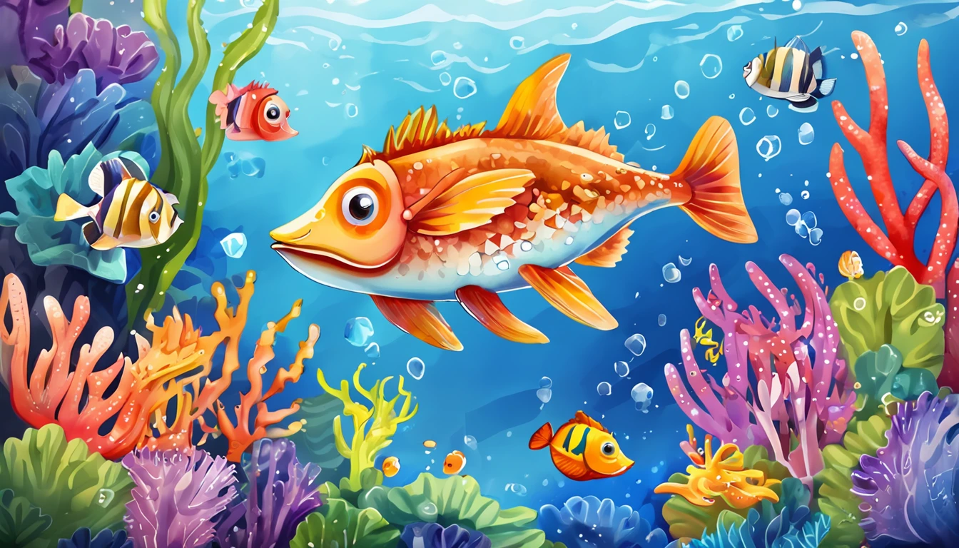 There is a small starfish cartoon character swimming among the coral，bright eyes  and smiling, happy and curious, coral reef，colorful algae，Have fun，cartoon book style style，shine and clear day , shalow waters, flat color，perfect quality，sharp focus（Disorder - Home：0.8）， （tmasterpiece：1.2） （realistic：1.2） （Bokeh） （best quality）（Intricate details） （8k）（sharp focus）,（Have fun )