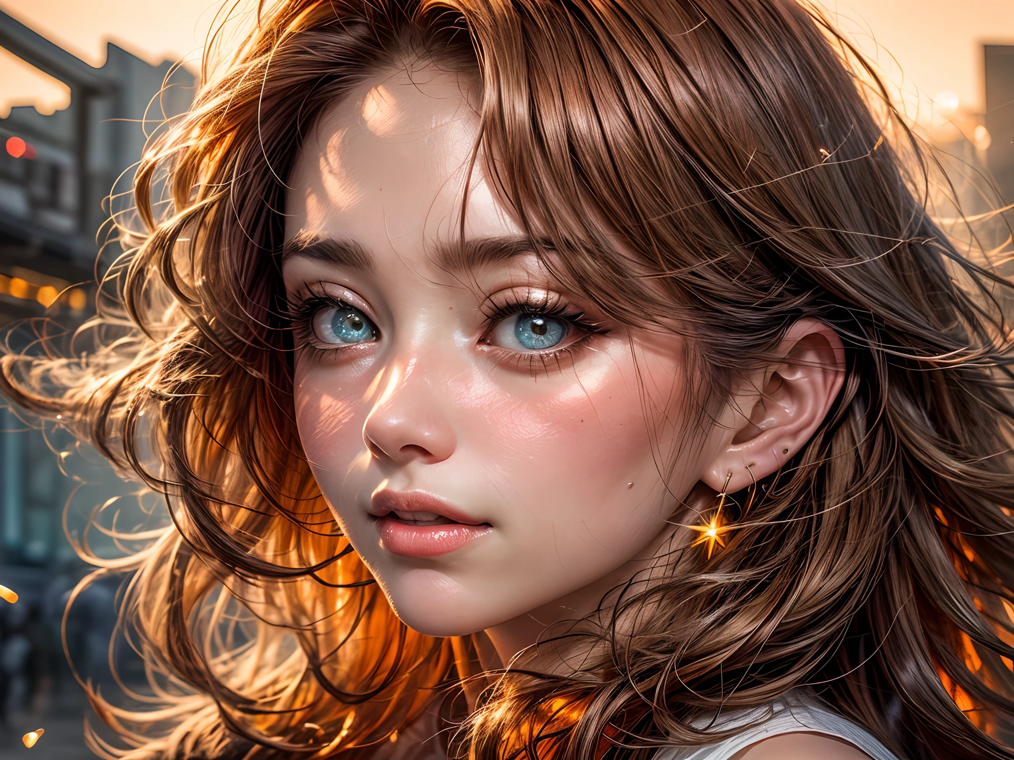 A close-up of a woman's face, bathed in warm orange hues, as if lit by the soft glow of a sunset, her eyes sparkling with joy and contentment, framed by wisps of flowing auburn hair, Photography, shot with a 35mm lens