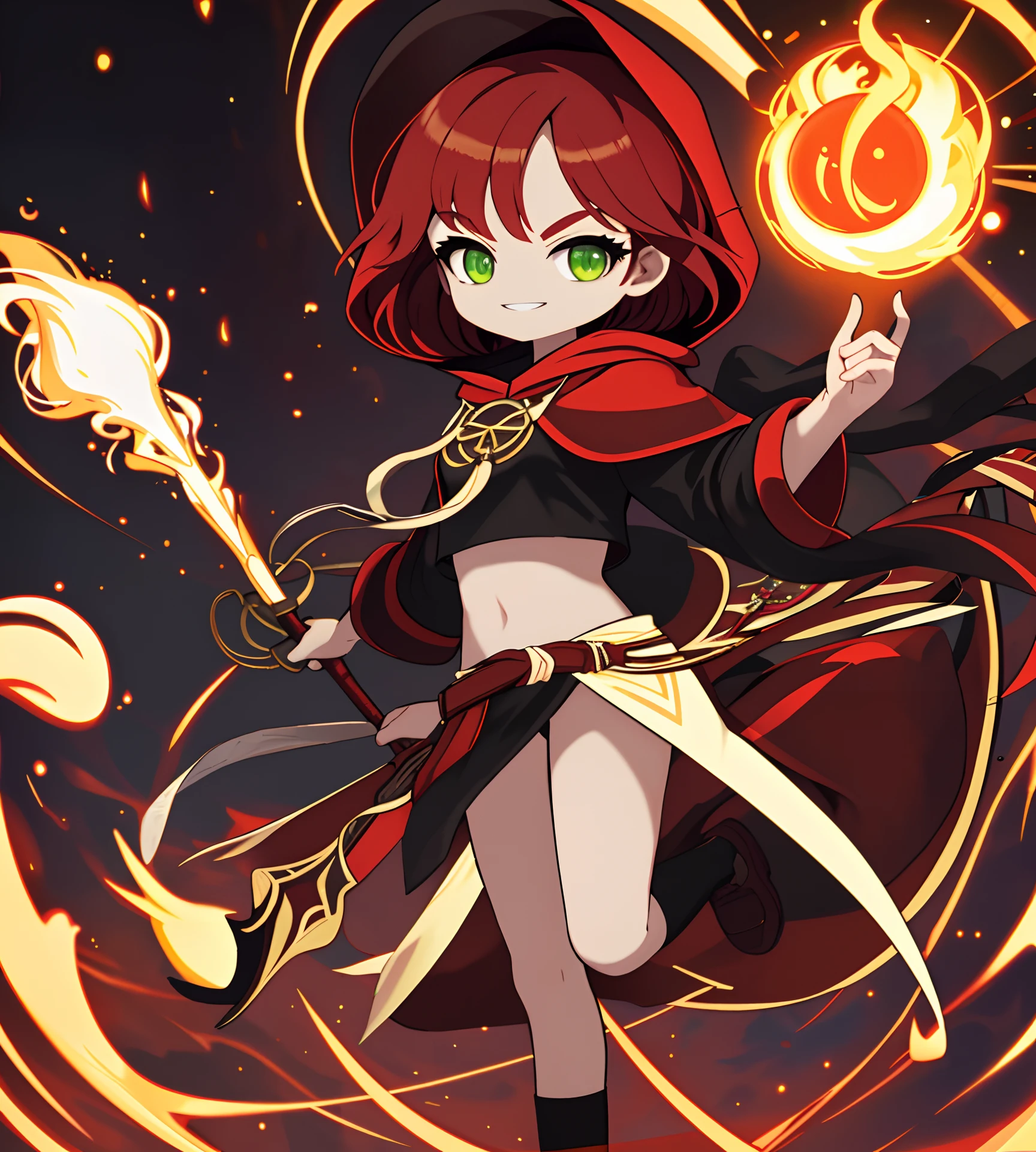 ,8K, 4K,A high resolution, Best quality, Masterpiece,1girll, Fire, fightingpose, Solo, Red hair, Green eyes, Smile, Boots, Holding, Hood, standing on one leg, full bodyesbian, holding staff, Hood up, tchibi, standing, brownfootwear, view the viewer, Long hair, Mage robes, Long sleeves, magic(Staff), teeth, midriff, Black socks, kneehighs, pyrokinesis, Pedras preciosas, Socks, Leg up, bangs, Red shirt, upper legs, Upper teeth only ,, 8K, 4K, (A high resolution:1.1), Best quality, (Masterpiece:1.3),(NSFW:1.2)