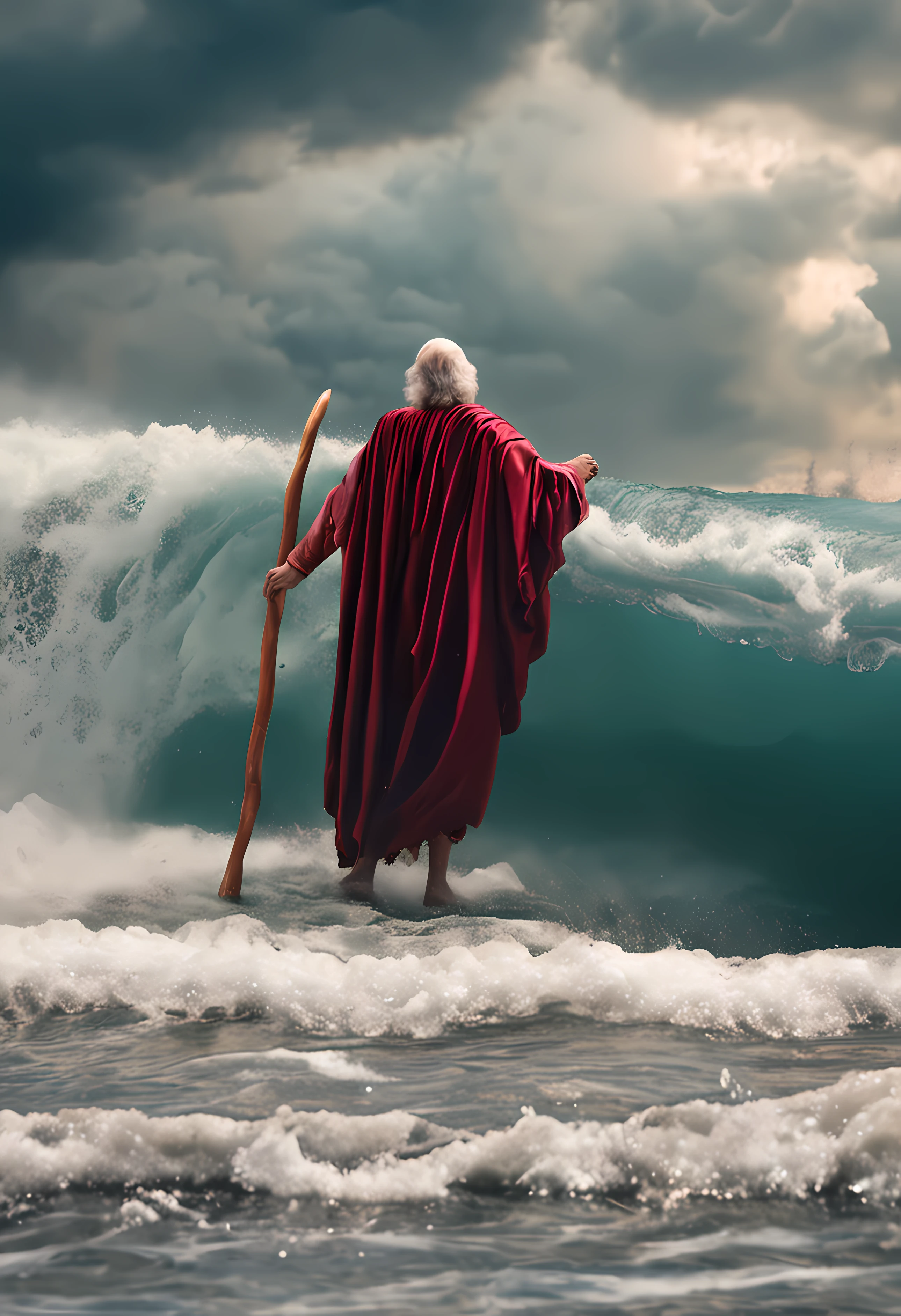 A ultra realistic photo of Moses openning the red sea.