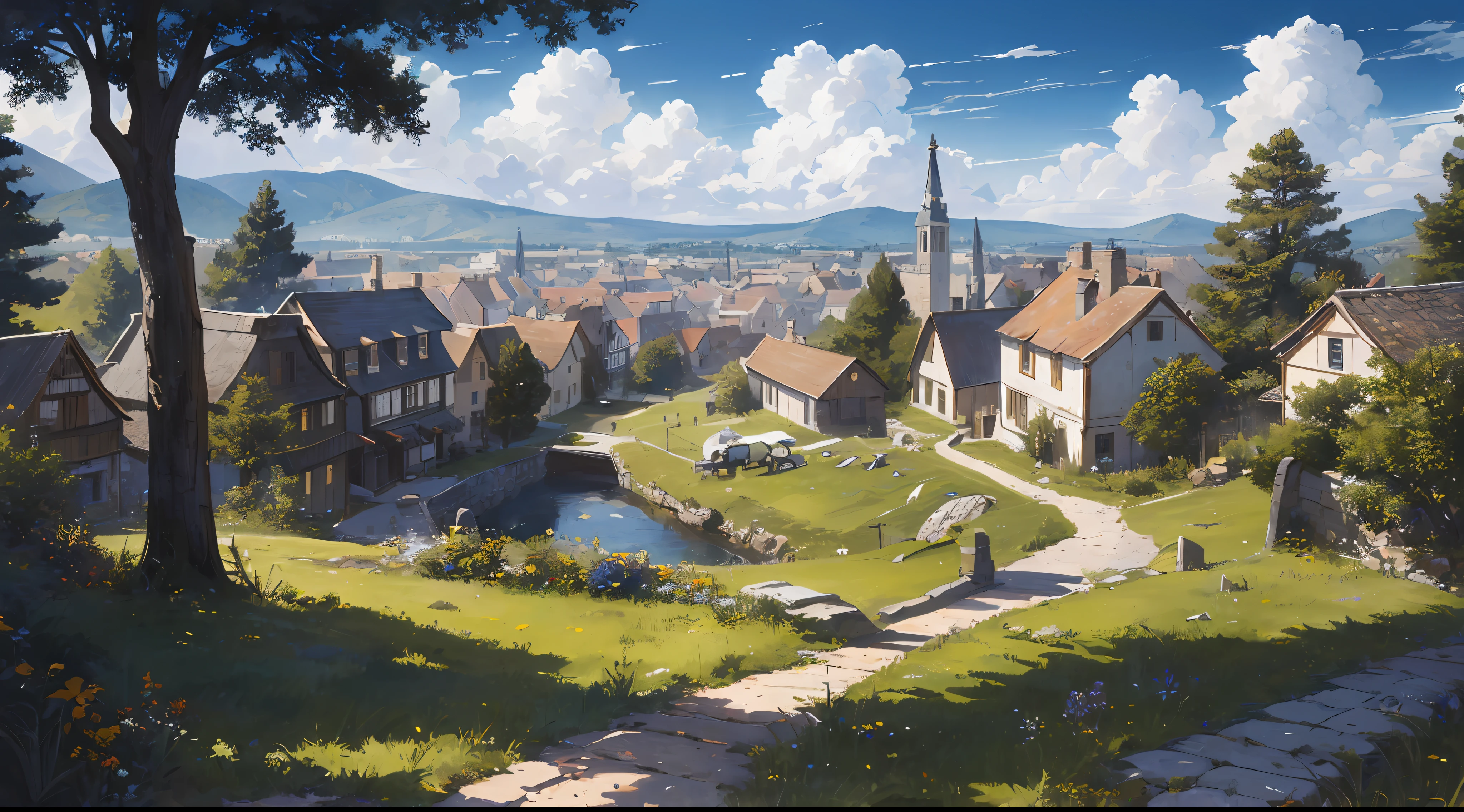 ((masterpiece)),((best quality)),((high detail)),((realistic,)) ((ultra detailed)) landscape of a small medieval town, cartoonist illustration, aeria view, beautiful sky, deformed clouds, 1.3:pine trees, towers.