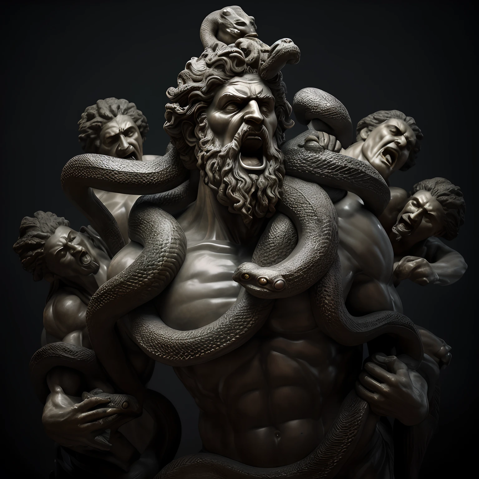 Un primer plano de una estatua de un hombre con una serpiente en el hombro, Hidra con ocho cabezas, Escultura realista de 8K Bernini, Dios furioso Zeus, Escultura de arcilla CGI, zbrush 3 D render, Medusas macho, Escultura de bronce de Medusa, 3 d escultura octanaje render 8 k, Renderizado zbrush, Escultura altamente detallada, renderizado en zbrush