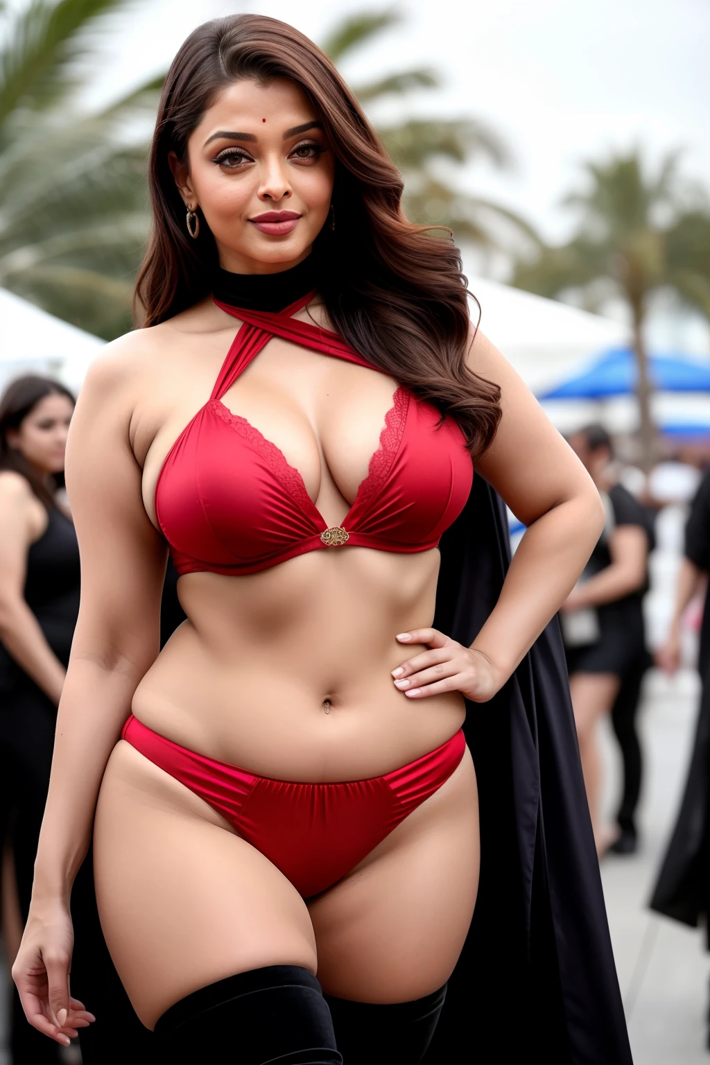 Aishwarya Rai Bachchan in cannes red carpet, micro mini bikini, milf body, milf body show exposing, no bindi, thigh high boots, bending and showing massive cleavage, giving seductive pose for photographers, navel out, breasts visible show, 90% breasts popping out, hourglass figure, massive breasts, nipple slip, look at camera and tease, high tied ponytail hair, erotic adult face, 43 yo, soft volumetric lights, intricate details, (ArtStation:1.2)