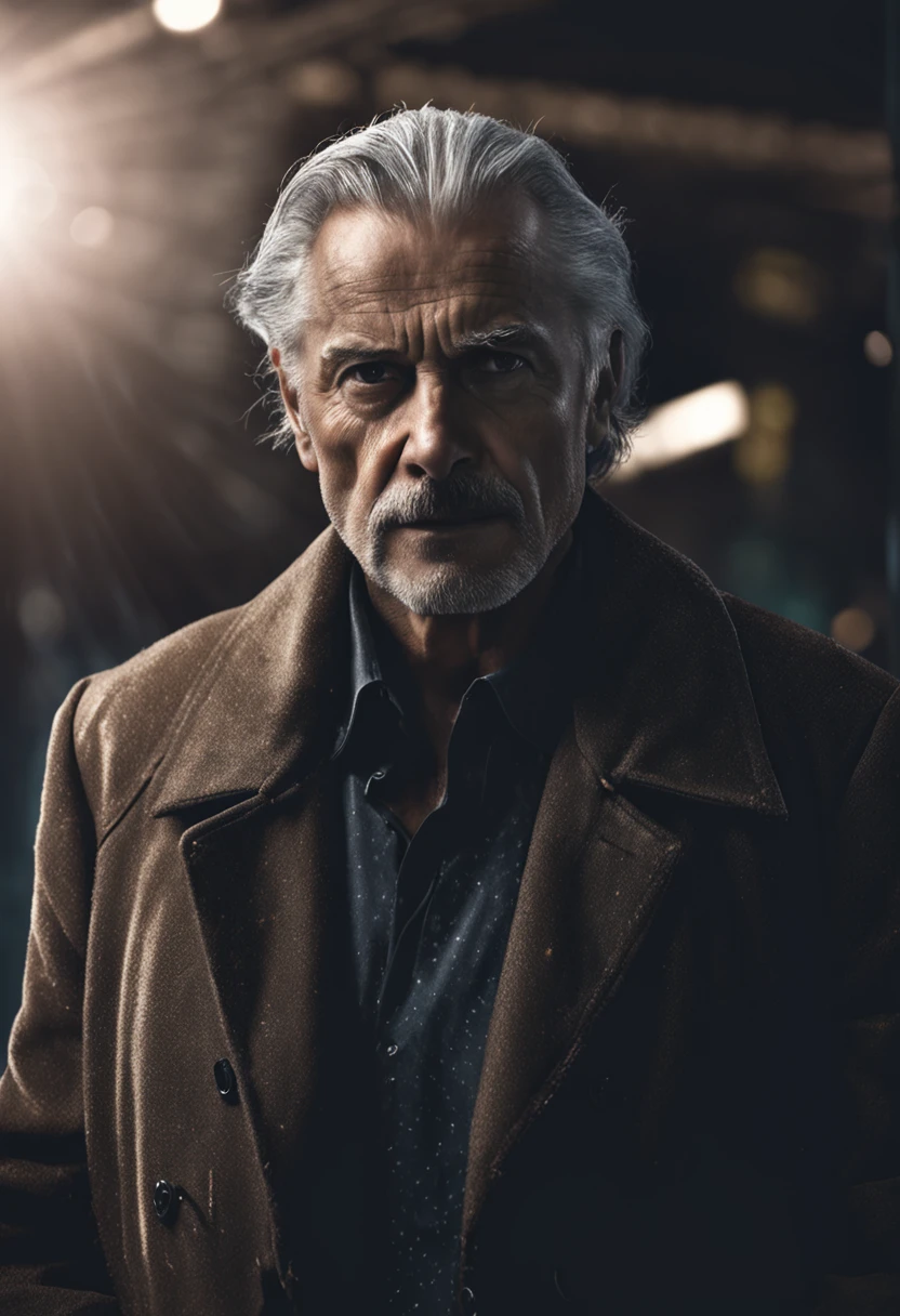 Old man in black suit, with full gray hair and strong facial expression looking at the camera lens, dark image background, dark tones, ultra realistic image, 8k --auto