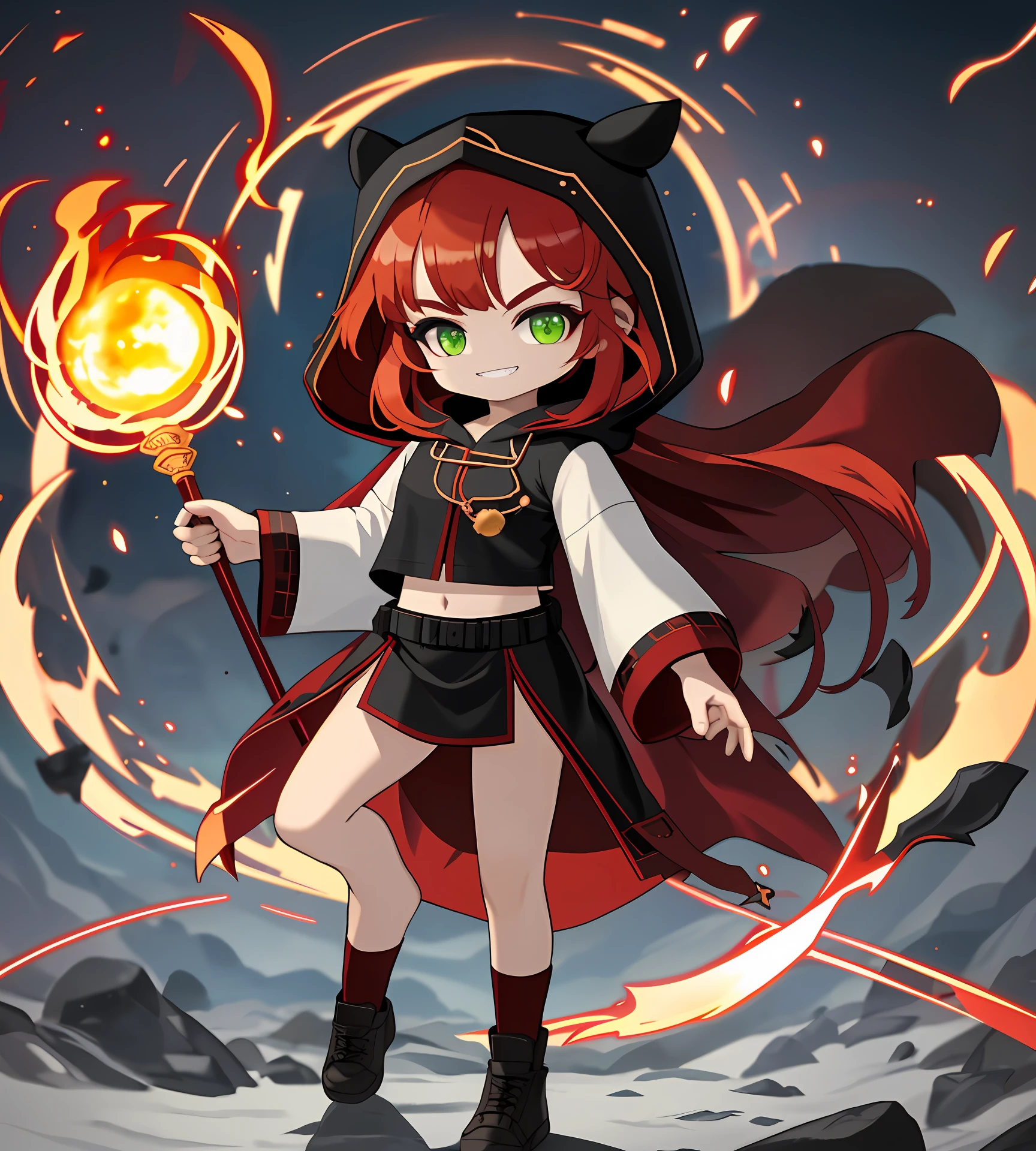 ,8K, 4K,A high resolution, Best quality, Masterpiece,1girll, Fire, One eye closed, Solo, Red hair, Green eyes, Smile, Boots, Holding, Hood, , Open mouth, Golden Hoop Stick, Wide sleeves, Red skirt, Skirt, Detached sleeves, ;D, standing on one leg, full bodyesbian, holding staff, Hood up, tchibi, standing, brownfootwear, view the viewer, Long hair, , Miniskirt, Long sleeves, magic, teeth, midriff, Black socks, kneehighs, pyrokinesis, Pedras preciosas, Socks, Leg up, bangs, Red shirt, upper legs, Upper teeth only ,, 8K, 4K, (A high resolution:1.1), Best quality, (Masterpiece:1.3),(NSFW:1.2)