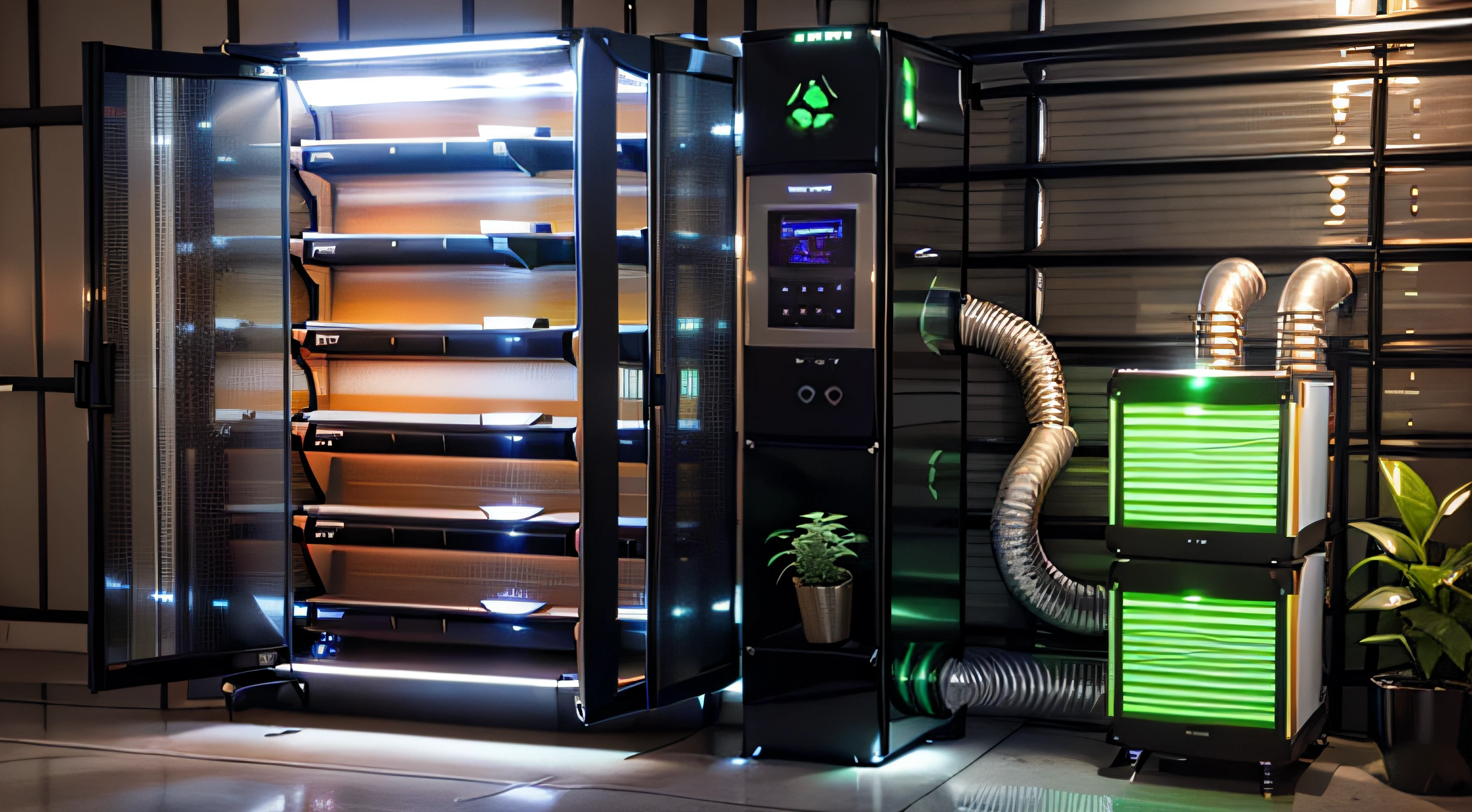 futuristic hydroponic black ((grow box)) cabinet on a ((industrial warehouse)), grow cabinet with a touch screen and a separate (air filtering) hose system at its right, grow cabinet with (plants) inside, hydroponic grow cabinet, 6 trays shelf, indoor greenhouse cabinet, indoor grow box with air filtering system, warehouse industrial facility, Hydroponic System, LED Grow Lights, Hydroponic Grow Box, Smart Grow Cabinet, LED Grow Box, six chamber cabinet, SuperCloset LED, Automated Hydroponic Grow Box, Hydroponic Growing Systems Cabinet, hydroponic growing system utilizes technology to simulate sunlight, design trend 2023, photorealistic rendering, octane, corona