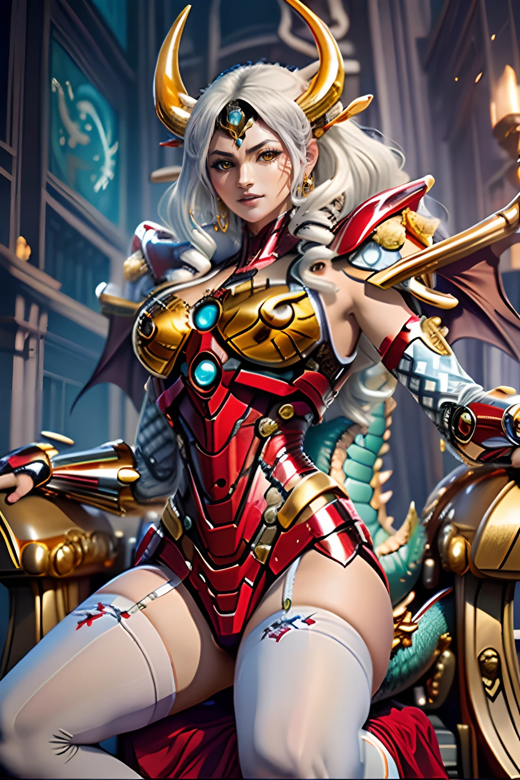 Dragon Queen、Armor with a dragon motif　Dragon King sitting on a throne
