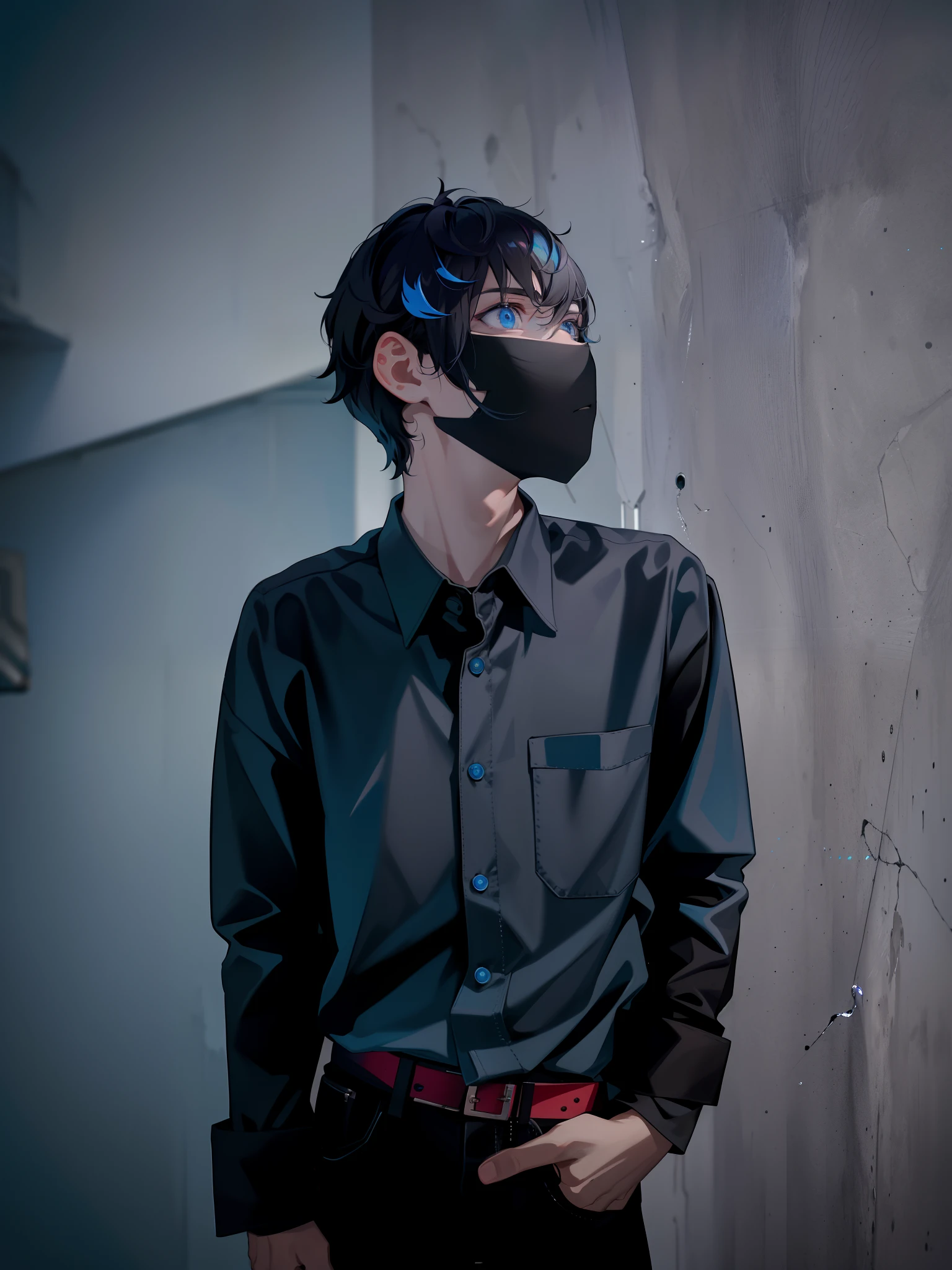 masterpiece, best quality, high quality, 1boy, solo, male focus, looking at viewer, cold light, (prison garb:1.2), (happy:1.1), (blue_eyes:1.2), (Zaffre eyes color:1.1), (mullet:1.2), (black short hair:1.2), (prison:1.2), white hair color.