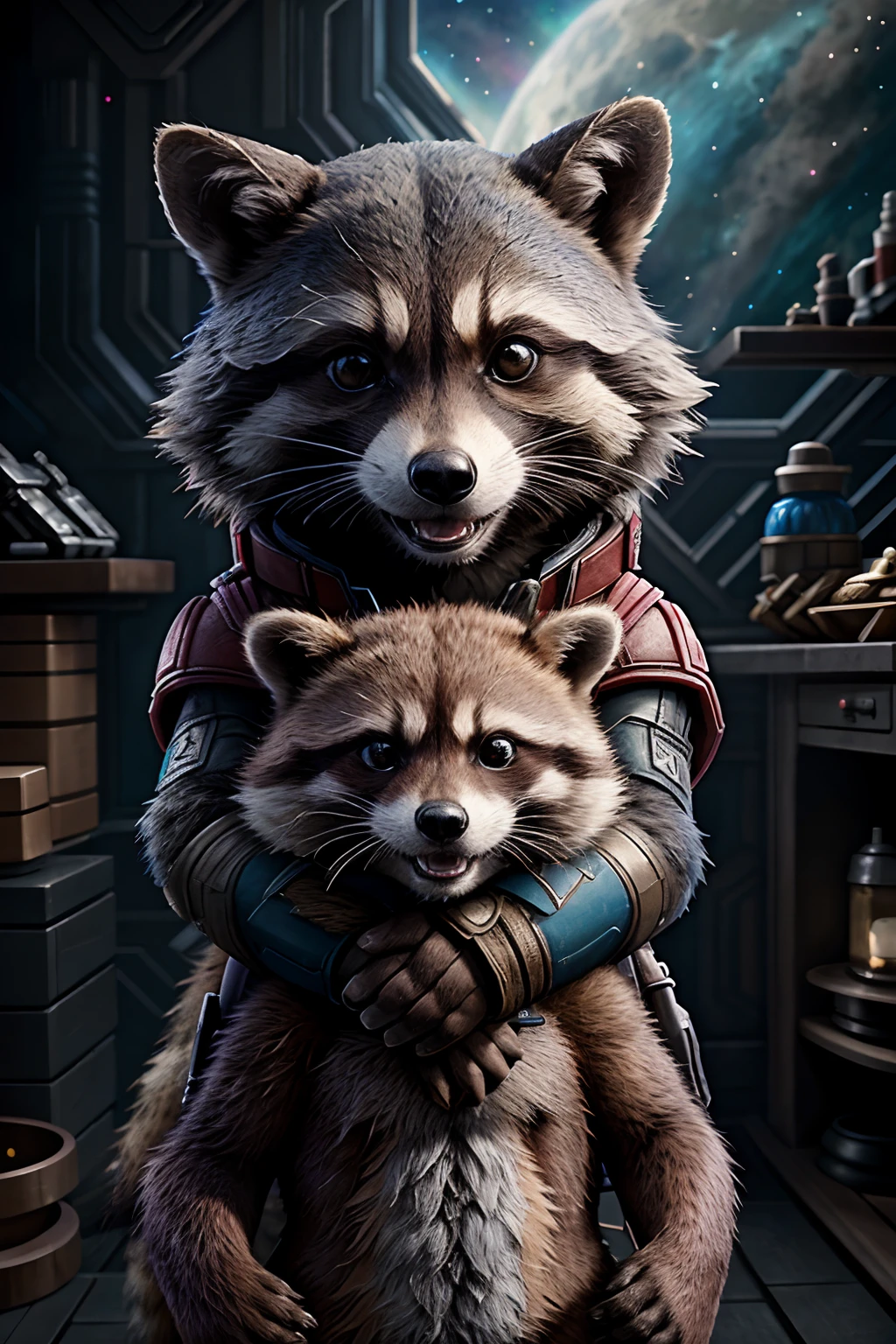 a painting of a rocket raccoon holding a player, (highres, best quality:1.2), radiance, soft contours, beautiful drawing, concept art, detailed background, unreal engine, cozy indoor lighting, artstation, detailed, digital painting, cinematic, character design by mark ryden and pixar and hayao miyazaki, unreal 5, daz, hyperrealistic, octane render,gotg ,guardians of the galaxy , rocket racoon