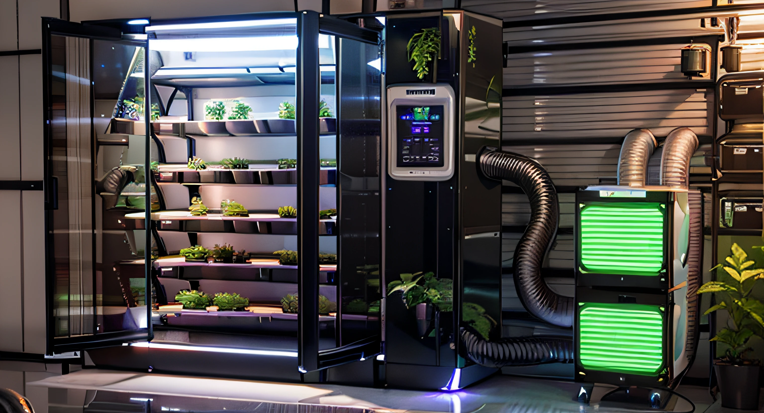 futuristic hydroponic black ((grow box)) cabinet on a ((industrial warehouse)), grow cabinet with a touch screen and a separate (air filtering) hose system at its right, grow cabinet with (plants) inside, hydroponic grow cabinet, 6 trays shelf, indoor greenhouse cabinet, indoor grow box with air filtering system, warehouse industrial facility, Hydroponic System, LED Grow Lights, Hydroponic Grow Box, Smart Grow Cabinet, LED Grow Box, six chamber cabinet, SuperCloset LED, Automated Hydroponic Grow Box, Hydroponic Growing Systems Cabinet, hydroponic growing system utilizes technology to simulate sunlight, design trend 2023, photorealistic rendering, octane, corona