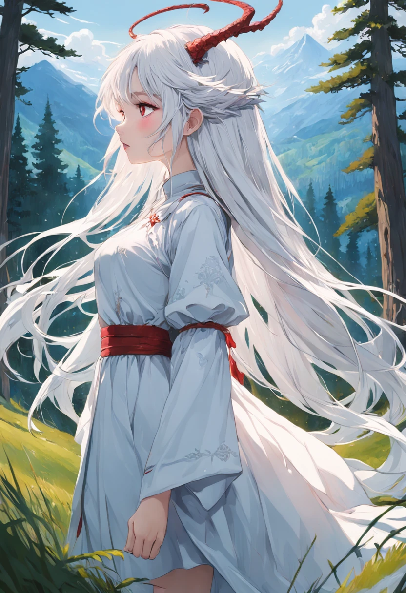 (highly detailed), ((masterpiece)),(Impasto), intricate, church painting,(((1 girl))) , painting frame, fantasy ,delicate grassland,sorceress,shepherd long white hair,red dragon eye,white dress ,(pretty face),beautiful detailed face,extremely delicate and beautiful girls,alps,evergreen coniferous forest ,clear sky ,wind ,beautiful sky ,cumulus