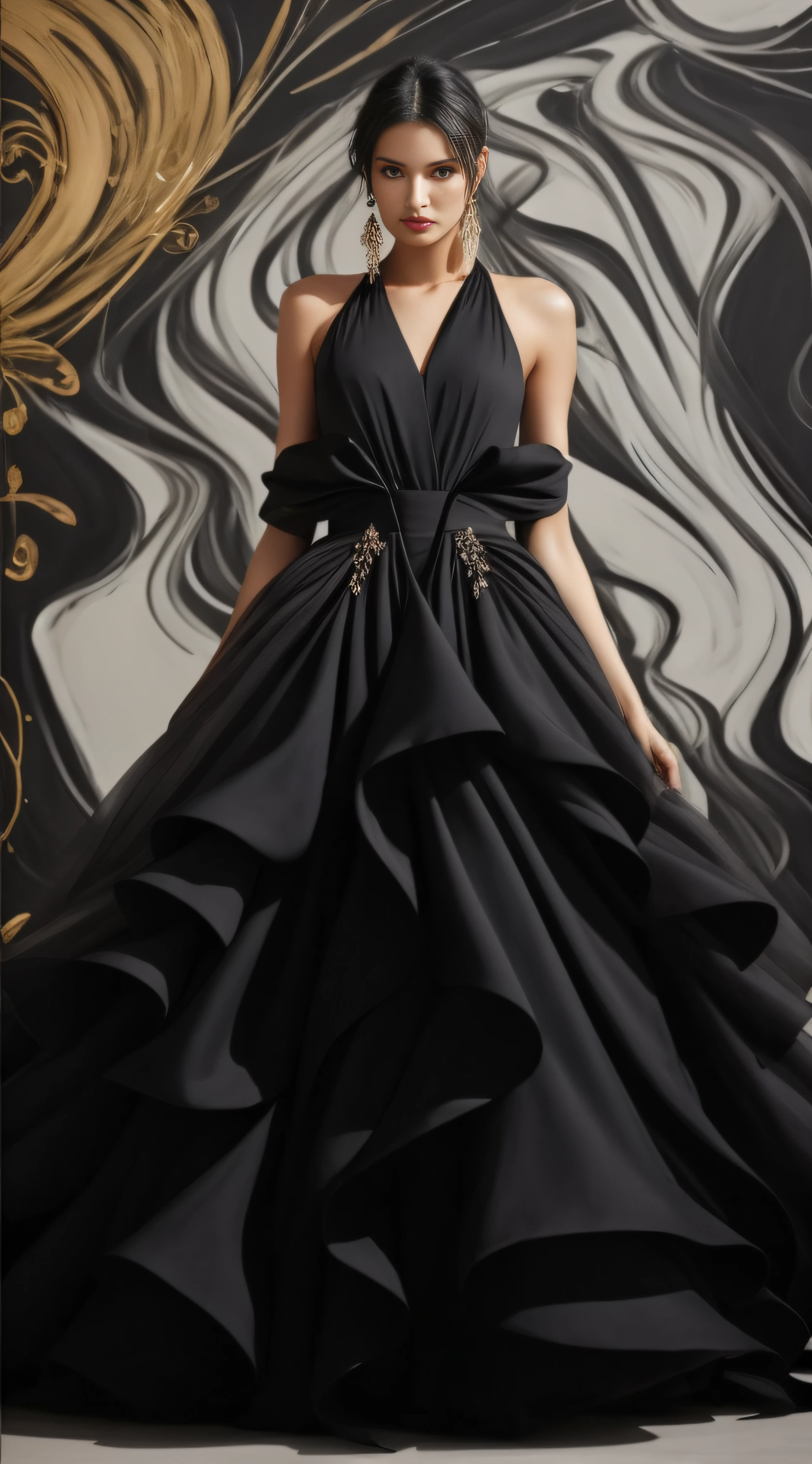 An Arad woman in a black dress stands in front of a painting, flowing black gown, flowinggown, Black gown, extravagant dress, dressed beautiful gown, floating dress, detailed gown, beautiful flowing fabric, Black Haute Couture, emaciated black evening gown, expensive voluminous dress, Wearing a gorgeous dress, Flowing fabric, long flowing intricate dress