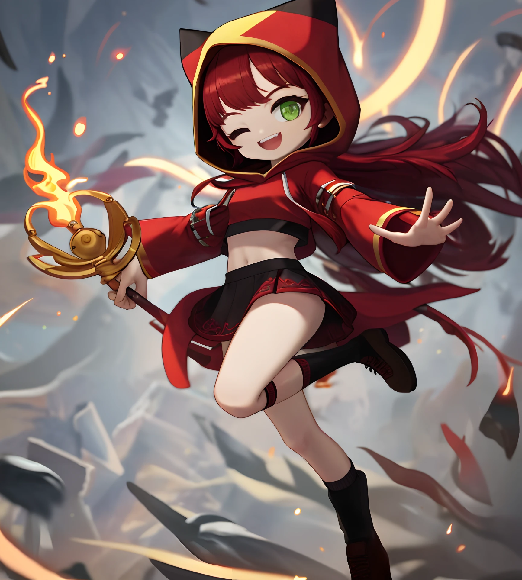 ,8K, 4K,A high resolution, Best quality, Masterpiece,1girll, Fire, One eye closed, Solo, Red hair, Green eyes, Smile, Boots, Holding, Hood, , Open mouth, Golden Hoop Stick, Wide sleeves, Red skirt, Skirt, Detached sleeves, ;D, standing on one leg, full bodyesbian, holding staff, Hood up, tchibi, standing, brownfootwear, view the viewer, Long hair, , Miniskirt, Long sleeves, magic, teeth, midriff, Black socks, kneehighs, pyrokinesis, Pedras preciosas, Socks, Leg up, bangs, Red shirt, upper legs, Upper teeth only ,, 8K, 4K, (A high resolution:1.1), Best quality, (Masterpiece:1.3),(NSFW:1.2)