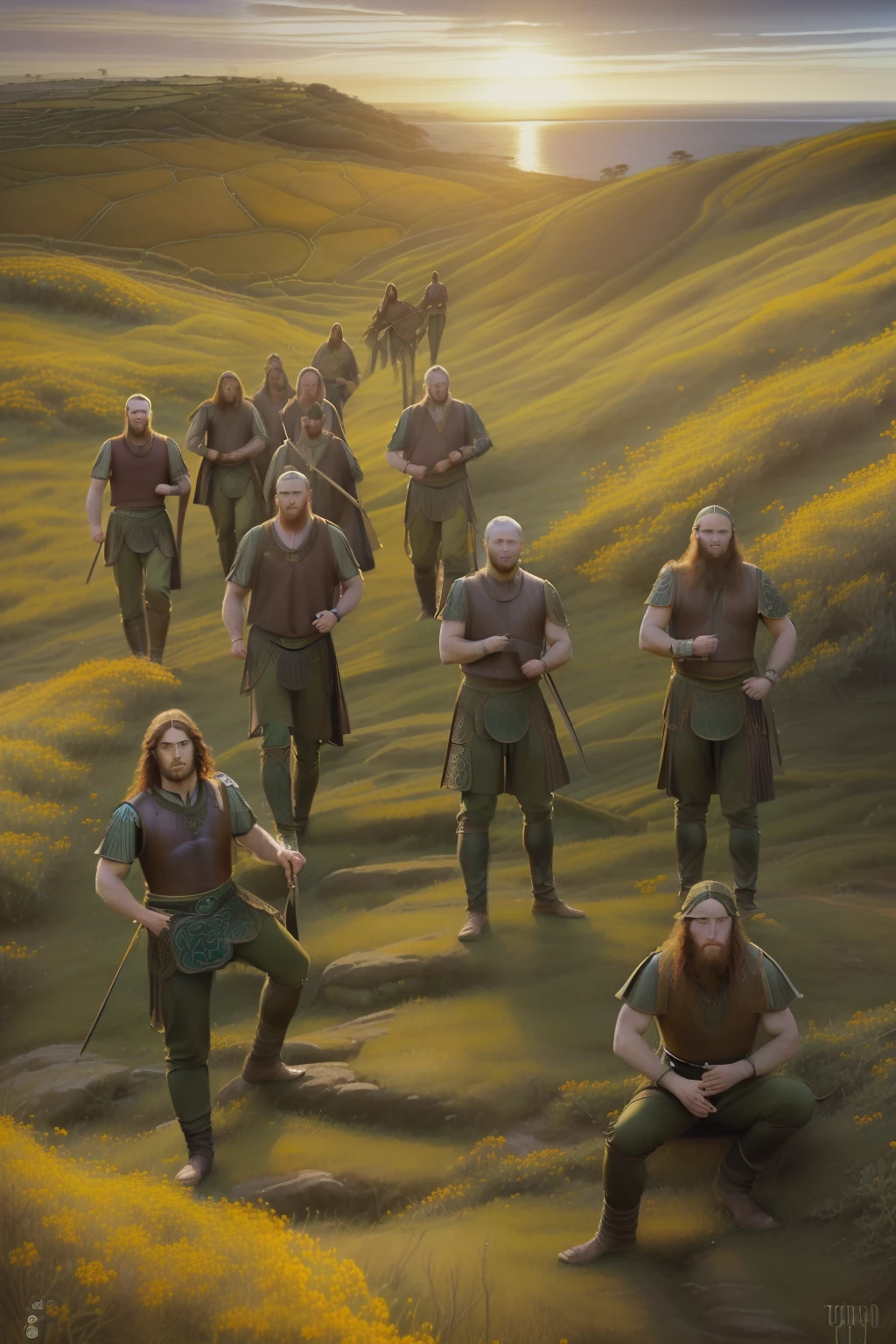 (((Pre-Raphaelite painting of a group of Celtic warriors in trousers on a hill covered with tojos, Por do sol no mar, Gorse, Furze)))