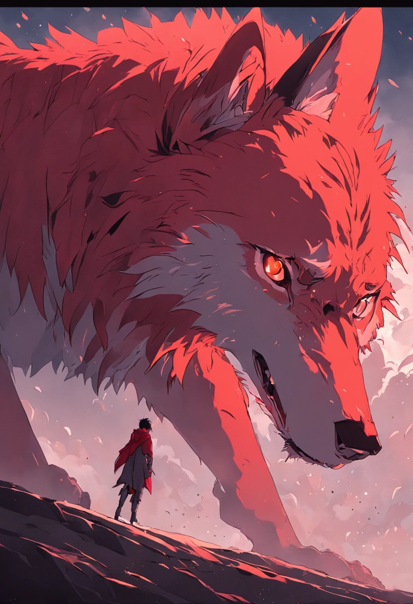 This is a surreal 32K Russia,Caucasus Mountains,  Portrait of the mythical beast wild wolf, Capture every pore and texture with delicate texture and form, A huge wild wolf with golden stripe, wolf crawls, Contrast with the surrounding landscape，（（Super massive）），red color，In the background are the sky, Unreal Engine5，Dreamy scenes，Shocking