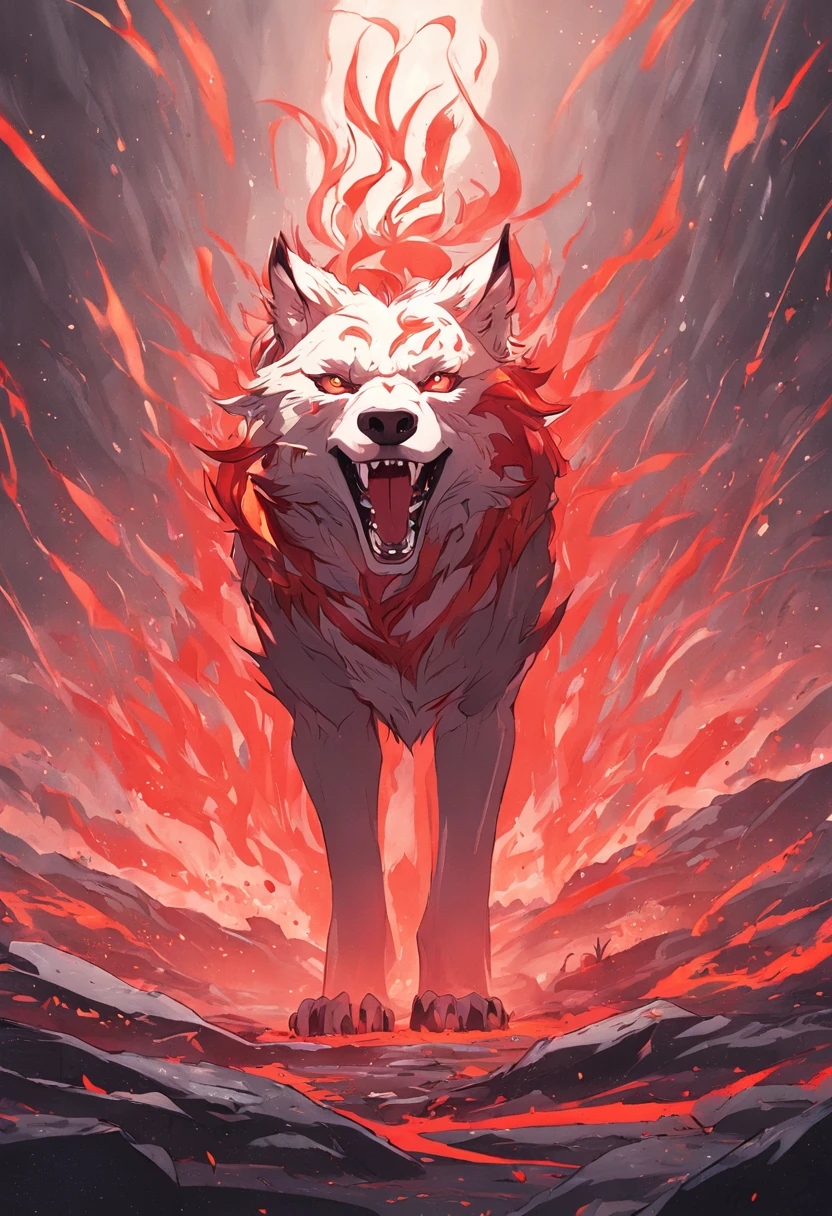 This is a surreal 32K Russia,Caucasus Mountains,  Portrait of the mythical beast wild wolf, Capture every pore and texture with delicate texture and form, A huge wild wolf with golden stripe, wolf crawls, Contrast with the surrounding landscape，（（Super massive）），red color，In the background are the sky, Unreal Engine5，Dreamy scenes，Shocking