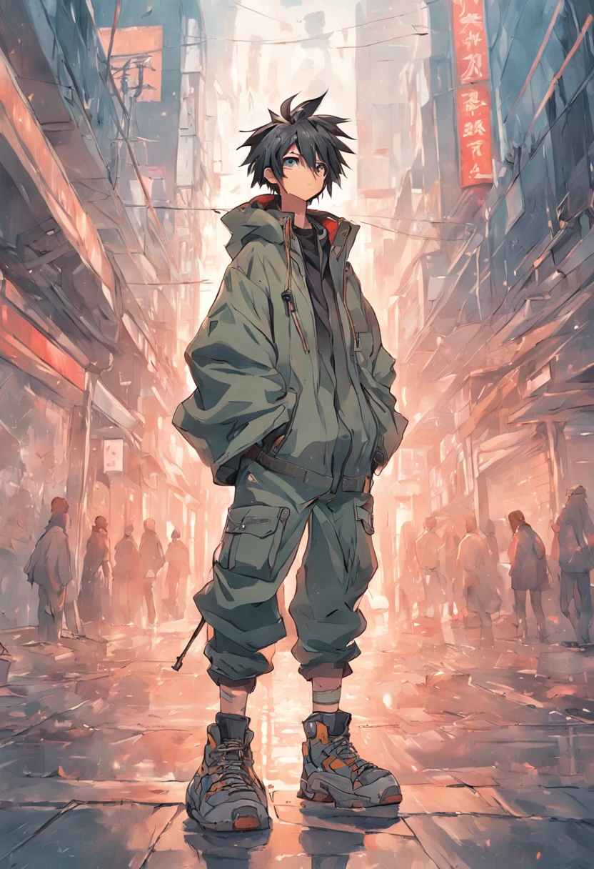 full body anime image of a male, wears parka, baggy cargo pants and jordan shoes, ((samuraipunk, streetwear)), artstation, muted colors, dystopian background, (art style of makoto shinkai)