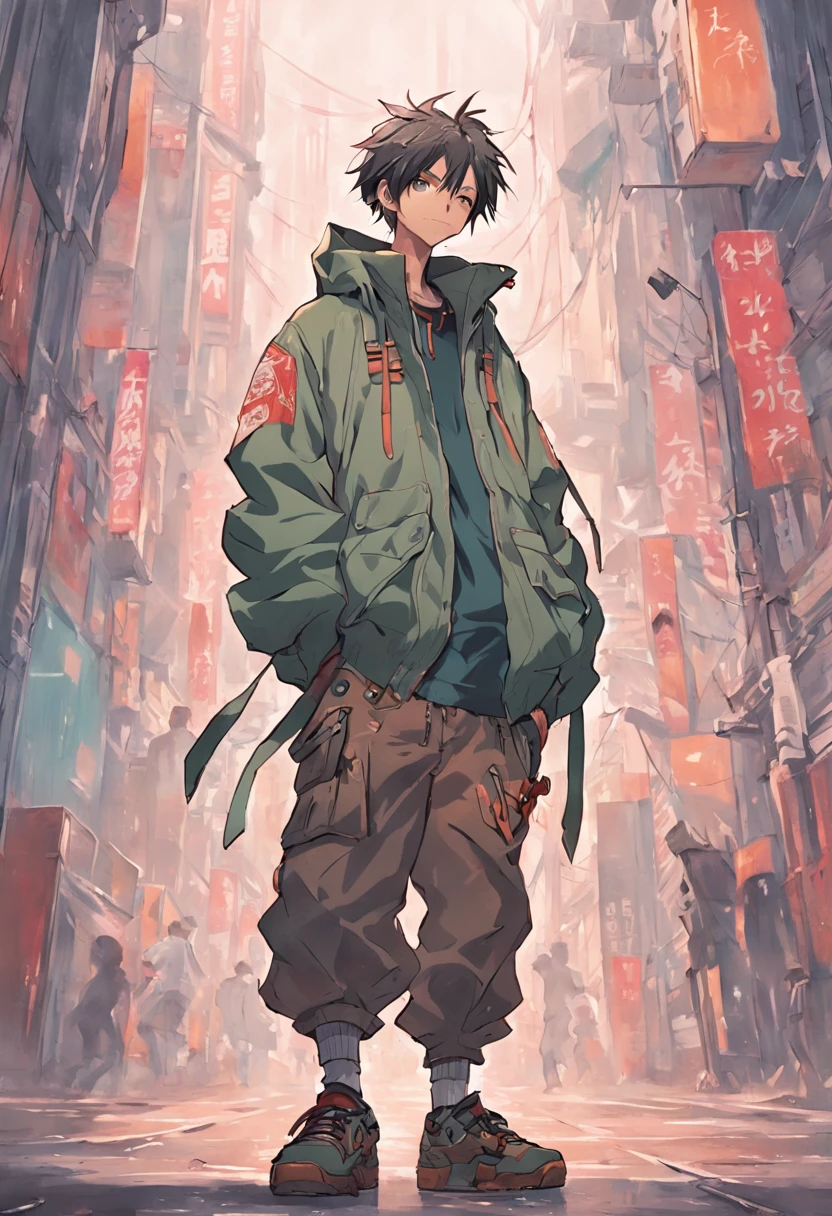 full body anime image of a male, wears parka, baggy cargo pants and jordan shoes, ((samuraipunk, streetwear)), artstation, muted colors, dystopian background, (art style of makoto shinkai)