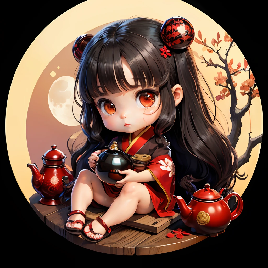 Cute brown  chibi anime, black and red kimono, sit in the teapot thank you note, moon, long black hair, clear toes, clear feet, platform sandals, short legs