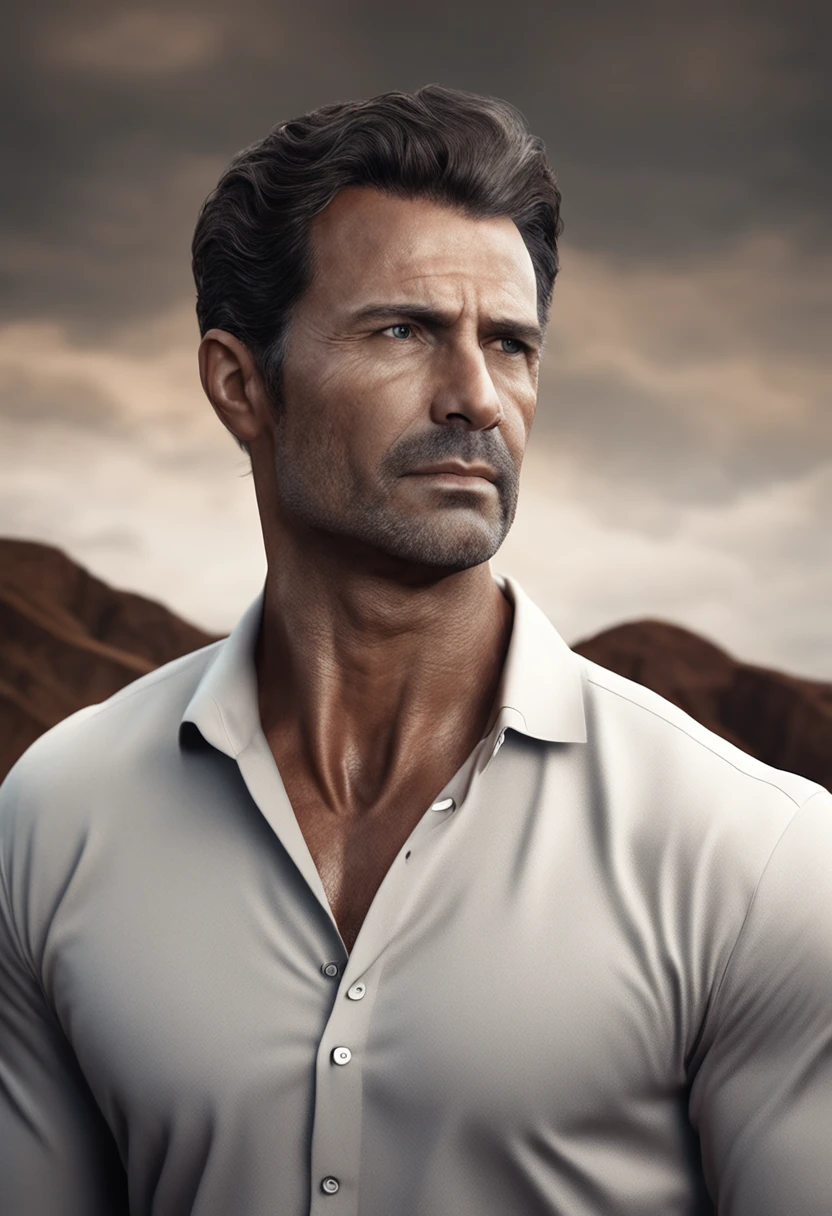 "Intense gaze of a mature man wearing a crisp white golf shirt, showcasing his full head of rich brown hair against a dark, captivating backdrop. High-quality, lifelike image with impeccably detailed features, rendered in 8k resolution ." --auto