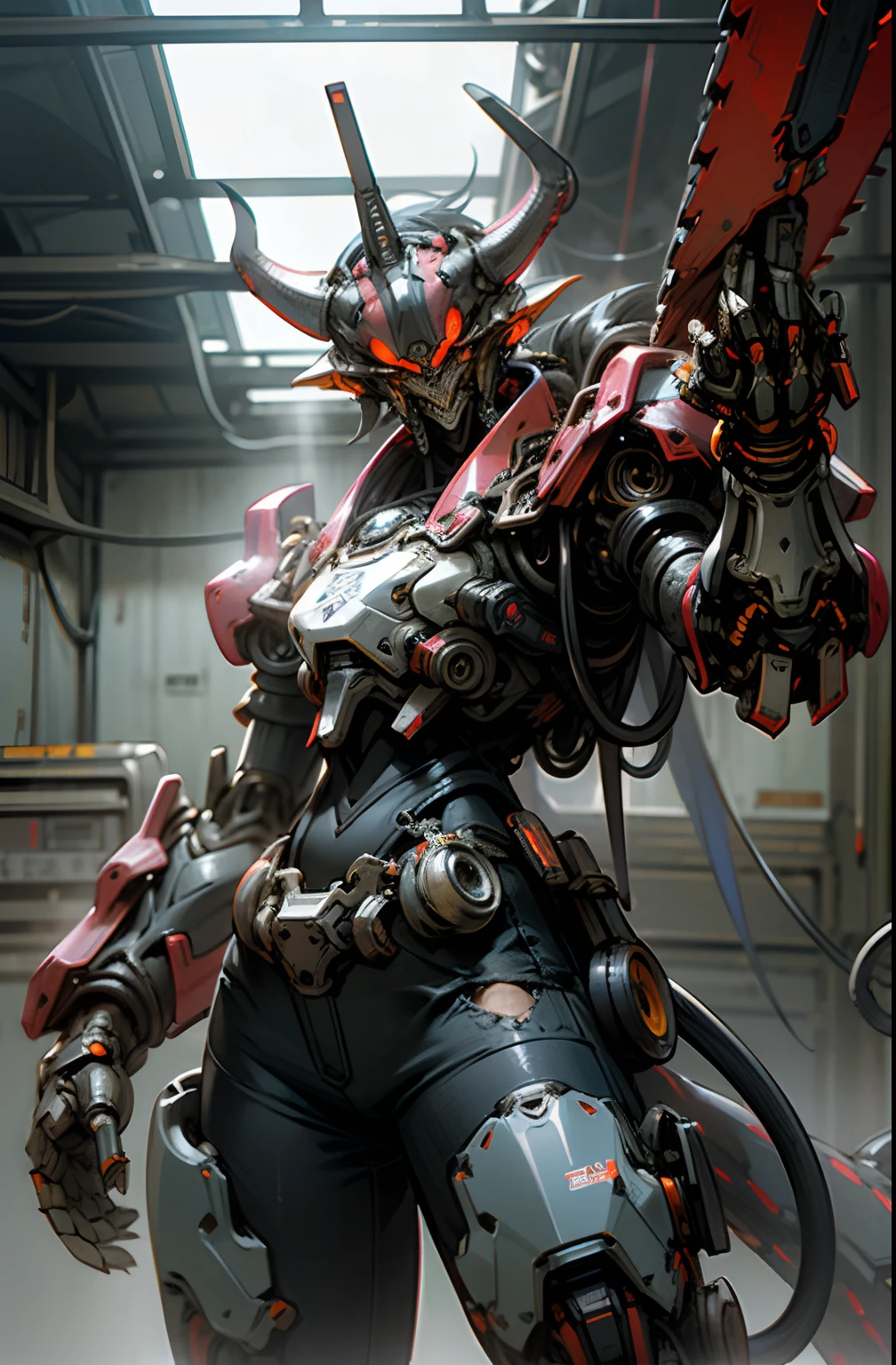 Dark fantasy cyberpunk dragon robot,chainsaw, ((chainsaw teeth and tail)),red armor,high contrast, mechanical body,neon lightning, neon lights, mecha cyberpunk dragon ,modern,minimalistc, broken armor,dragon robot,fully detailed, dynamic, bokeh shot,cow boy shot, sharp metal, mechanical presence, worn out mech armor,mech cyberpunk style dragon