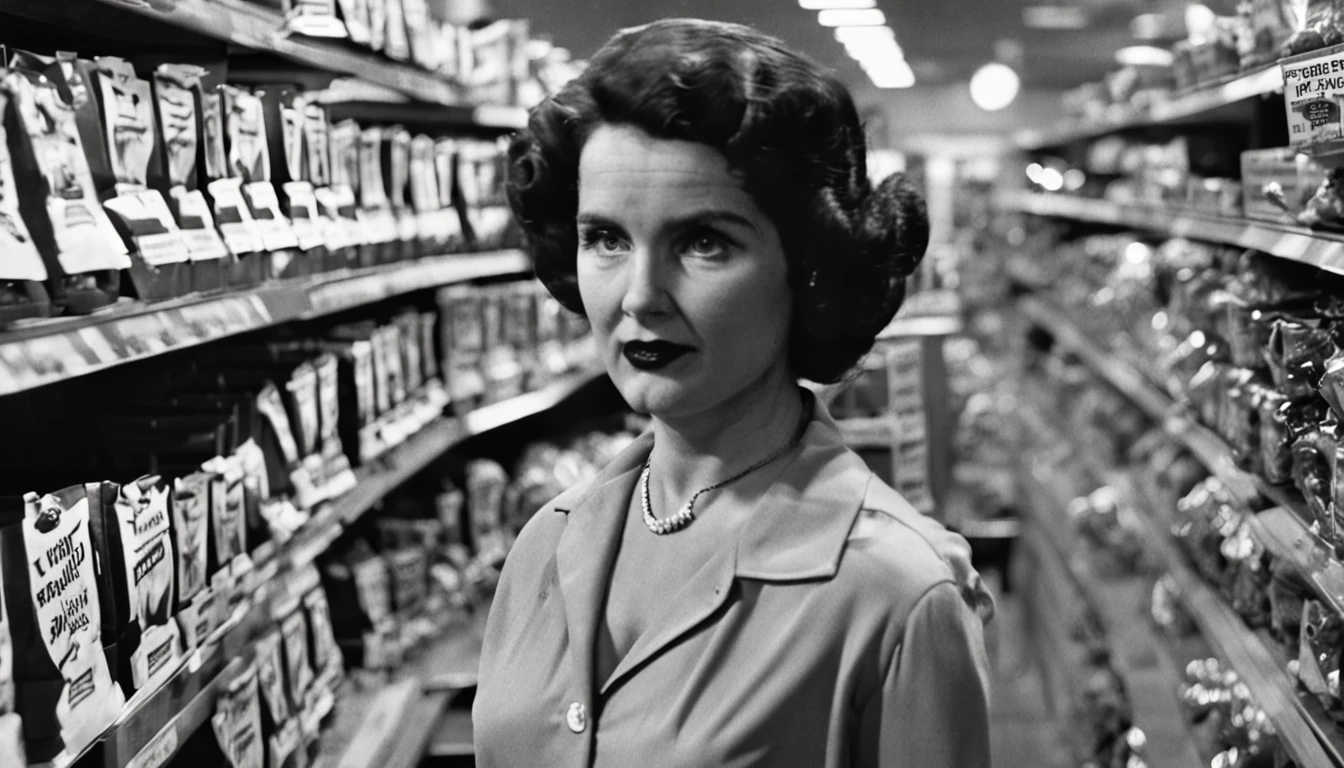 A realistic black and white photo of Elizabeth Short, aka Black Dhalia, in a store buying red flowers.