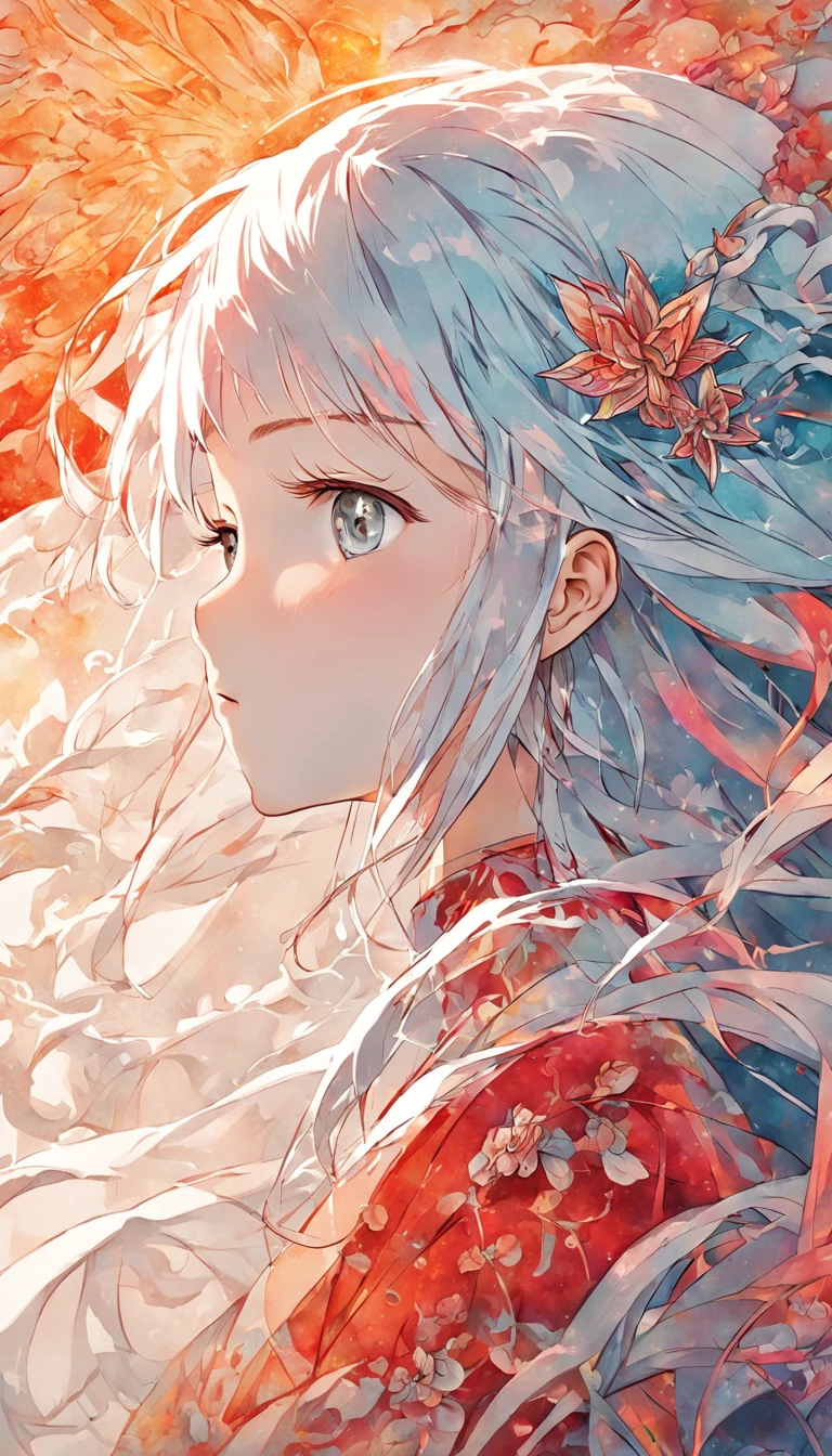 (White background:1.4),(Silhouette of a girl's head, Eyes closed, colorfull long hair, Oriental elements)，(Chinese illustration:1.3，paper art:1.3, Quilted paper art:1.2),( reasonable design, Clear lines, High sharpness,Best quality, Very detailed, Masterpiece, movie light effect, 4K )