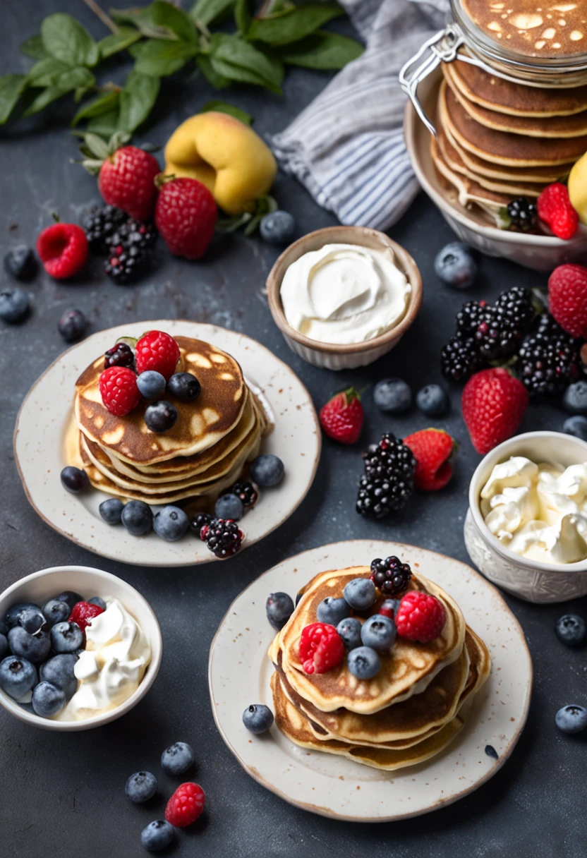 Protein Pancakes with Whipped Cream Cheese and Blueberries