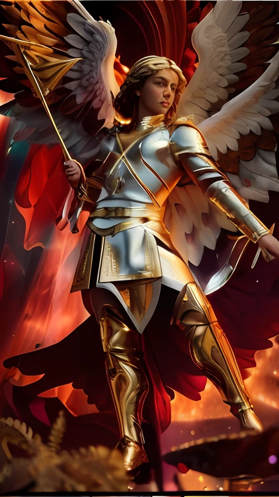 (((SAINT MICHAEL ARCHANGEL. 19 years old))) ((( Con una cara seria y piadosa. Con una mirada dulce y tierna))) (obra maestra, calidad superior, mejor calidad, arte oficial, beautiful and aesthetic: 1.2), (1girl), extremadamente detallado, (Arte fractal: 1.3), colorido, highest detailed, Cara perfecta, parte superior del cuerpo, HDR, (orando: 1.3), (golden lines of white coat: 1.2), galaxia, (rayas de luz), eye-catching visuals, (dynamic stripes, senderos luminosos: 1.2), colores vibrantes,