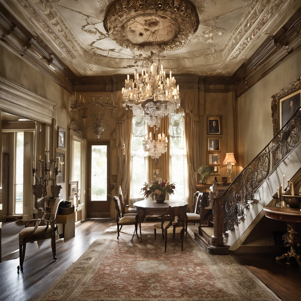 Create an awe-inspiring image of a grand foyer with a wide panel entrance. In the center, a majestic staircase leads upwards, with one branch to the right and another to the left, merging gracefully at the second-floor landing. Above, a magnificent, intricate chandelier dangles from the ceiling, casting a soft, ethereal glow. On the walls, antique candle-holders, covered in delicate spiderwebs, stand dormant. The foyer is adorned with dusty, time-worn portraits and tattered drapes that add an air of mystery and nostalgia.
