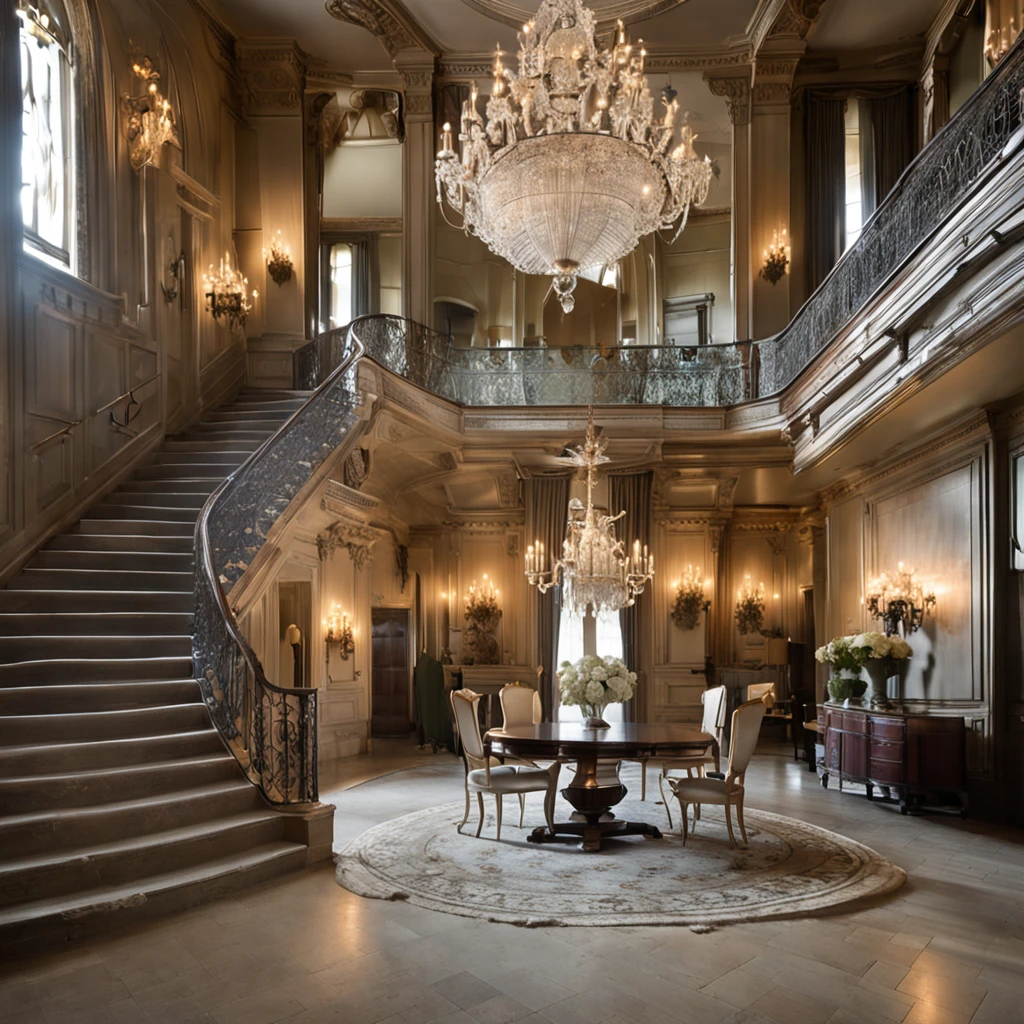 Create an awe-inspiring image of a grand foyer with a wide panel entrance. In the center, a majestic staircase leads upwards, with one branch to the right and another to the left, merging gracefully at the second-floor landing. Above, a magnificent, intricate chandelier dangles from the ceiling, casting a soft, ethereal glow. On the walls, antique candle-holders, covered in delicate spiderwebs, stand dormant. The foyer is adorned with dusty, time-worn portraits and tattered drapes that add an air of mystery and nostalgia.