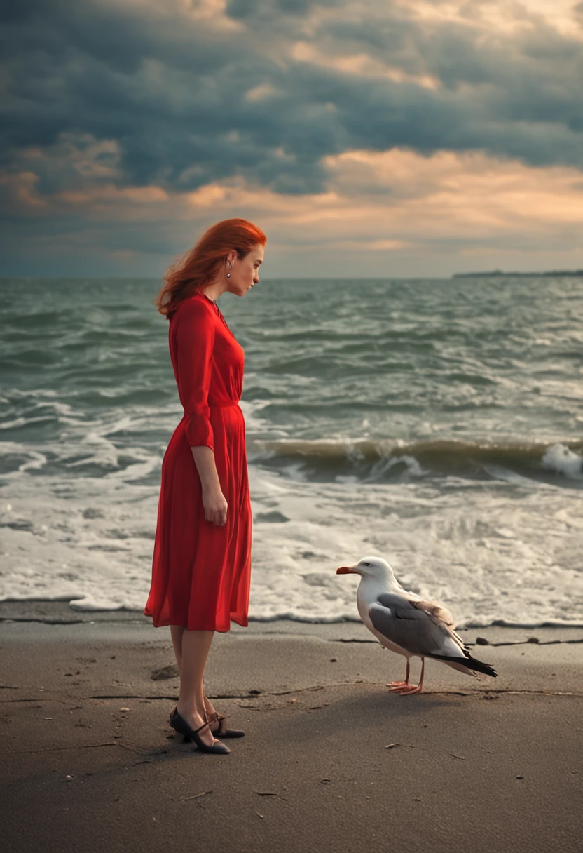 beautiful red-haired woman with short white dress watching the sea from a pier, seagulls flying on the beach in late afternoon