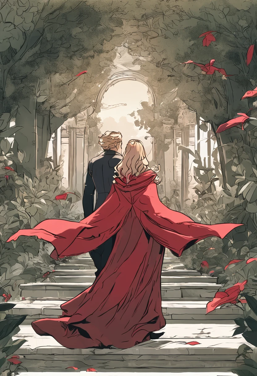 A man wearing king's clothes that is a red cape with gold details and an ornate crown, He's walking in a dense rainforest holding the hand of a girl with long curly blonde hair and wearing a simple pink dress with her face blindfolded by a red cloth