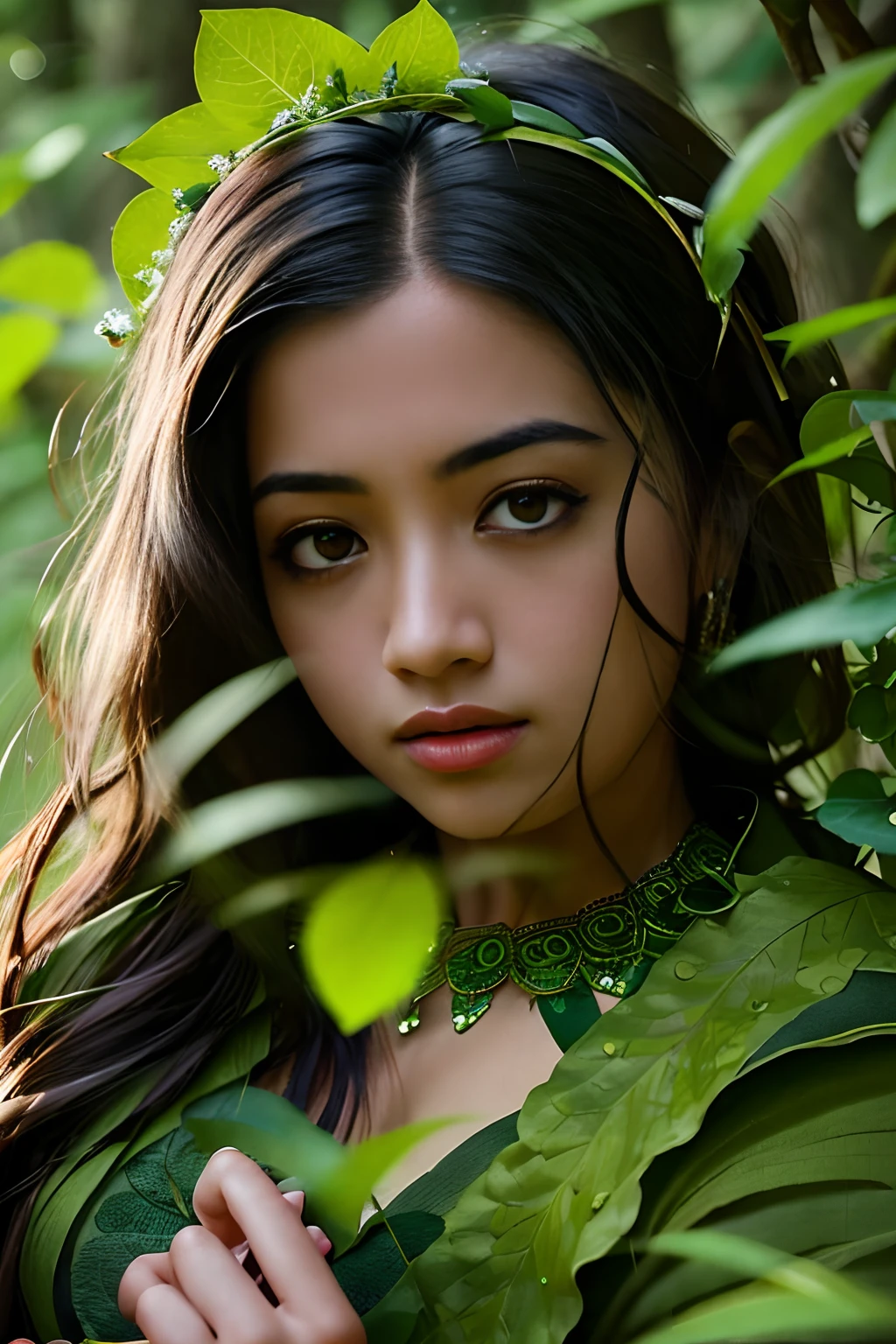 Portrait in forest, mother nature style leaves, hair made of green leaves, dreamlike, young black woman, Latina, UHD, forest goddess, fairy, dark green clothing, forest, falling leaves, particles, best quality, pose, upper body, looking at the viewer, tetroilluminated, rimlight, beautiful artwork, perfect composition