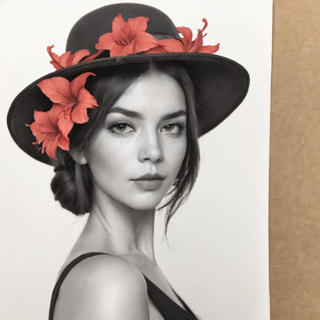 [Em uma folha de caderno de desenho com linhas azuis, A beautiful and intriguing woman looks at the viewer with a faint smile on her lips. Ela tem cabelos longos e escuros, que caem sobre os seus ombros. She wears a black hat adorned with red flowers, yellow and purple on the head. The hat contrasts with the white background of the leaf. The image is a true work of art of pencil painting, inspirada no estilo realista e detalhado de Diego Koi, um famoso artista italiano.]