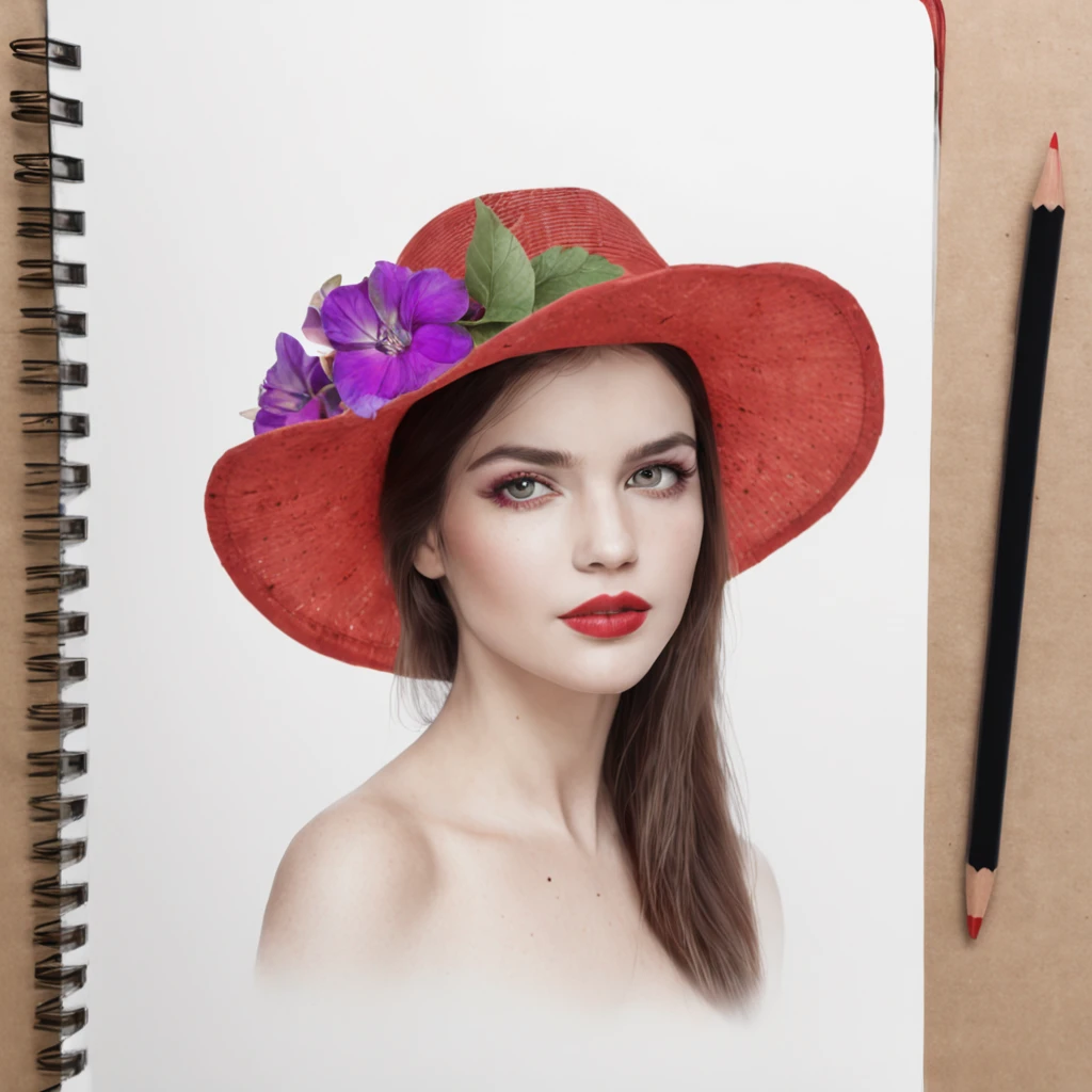 [Em uma folha de caderno de desenho com linhas azuis, A beautiful and intriguing woman looks at the viewer with a faint smile on her lips. Ela tem cabelos longos e escuros, que caem sobre os seus ombros. She wears a black hat adorned with red flowers, yellow and purple on the head. The hat contrasts with the white background of the leaf. The image is a true work of art of pencil painting, inspirada no estilo realista e detalhado de Diego Koi, um famoso artista italiano.]