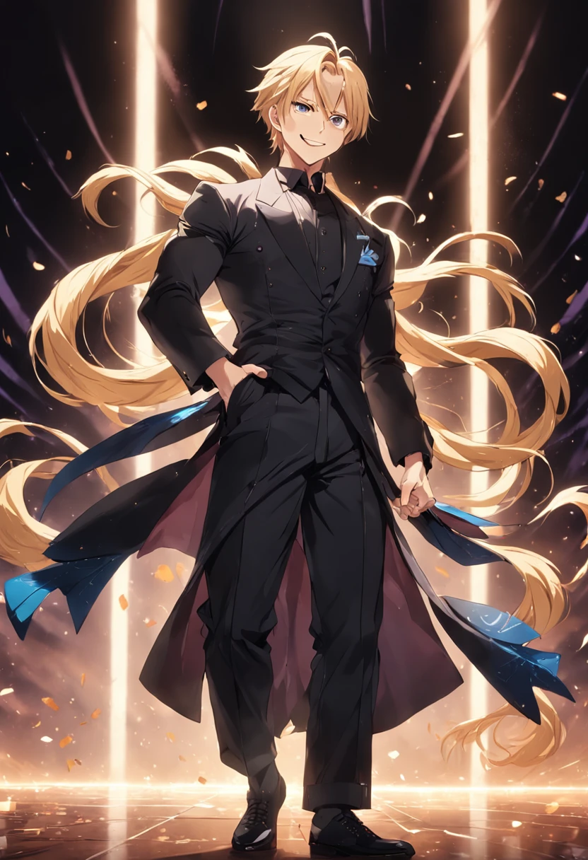 (masterpiece, best quality) A male with blond hair tied into a ponytail, standing on the stage and doing his performance with cards. Mysterious smile