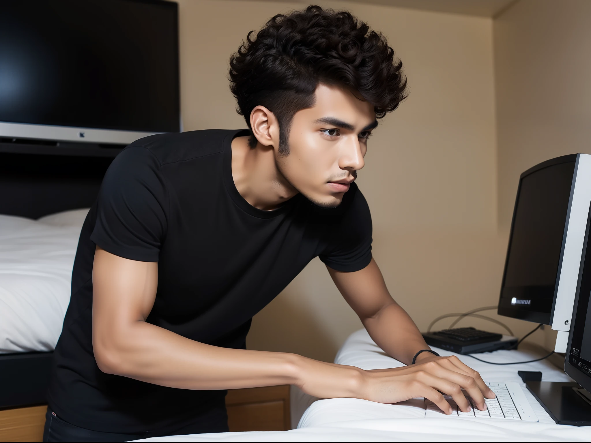 realistic image of a 25 year old male, brown skin, thin body, short curly hair, latin features, black shirt, working on a computer in a bedroom, confident expression
