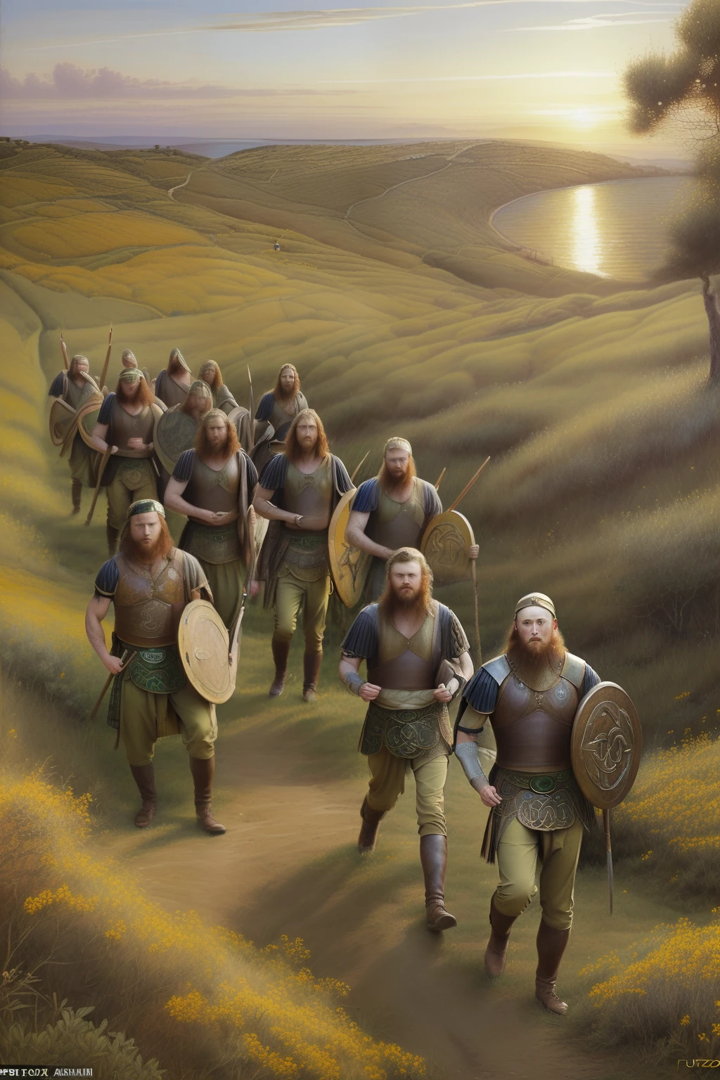(((Pre-Raphaelite painting of a group of Celtic warriors in trousers on a hill covered with tojos, Por do sol no mar, Gorse, Furze)))