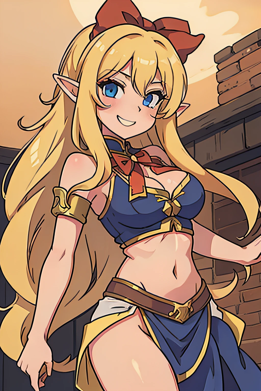 sexy hot anime character with a hot face and a nice smile and blond hairy big tits elf with a bow