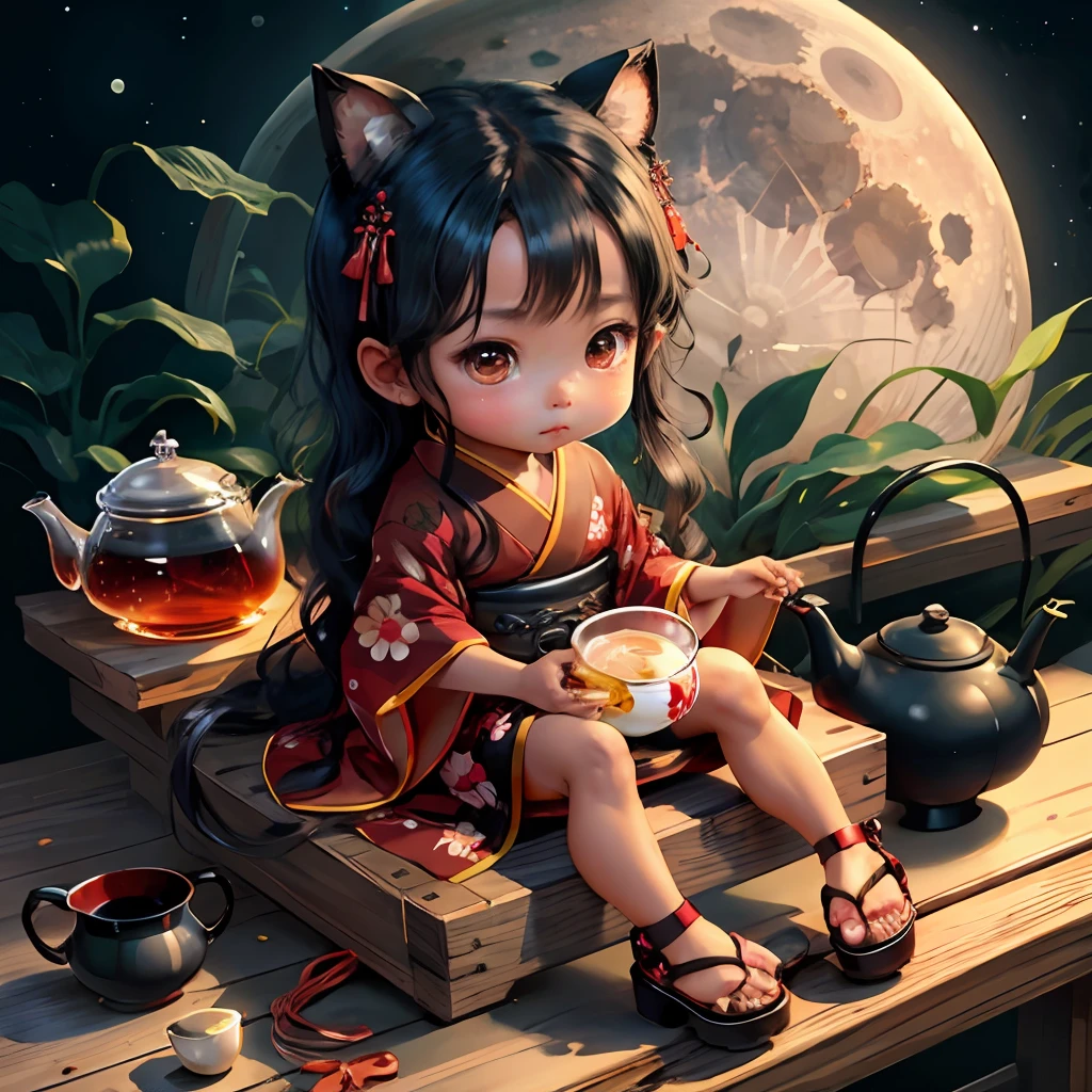 Cute brown skinned chibi anime, black and red kimono, sit in the teapot thank you note, moon, long black hair, clear toes, clear feet, platform sandals, short legs