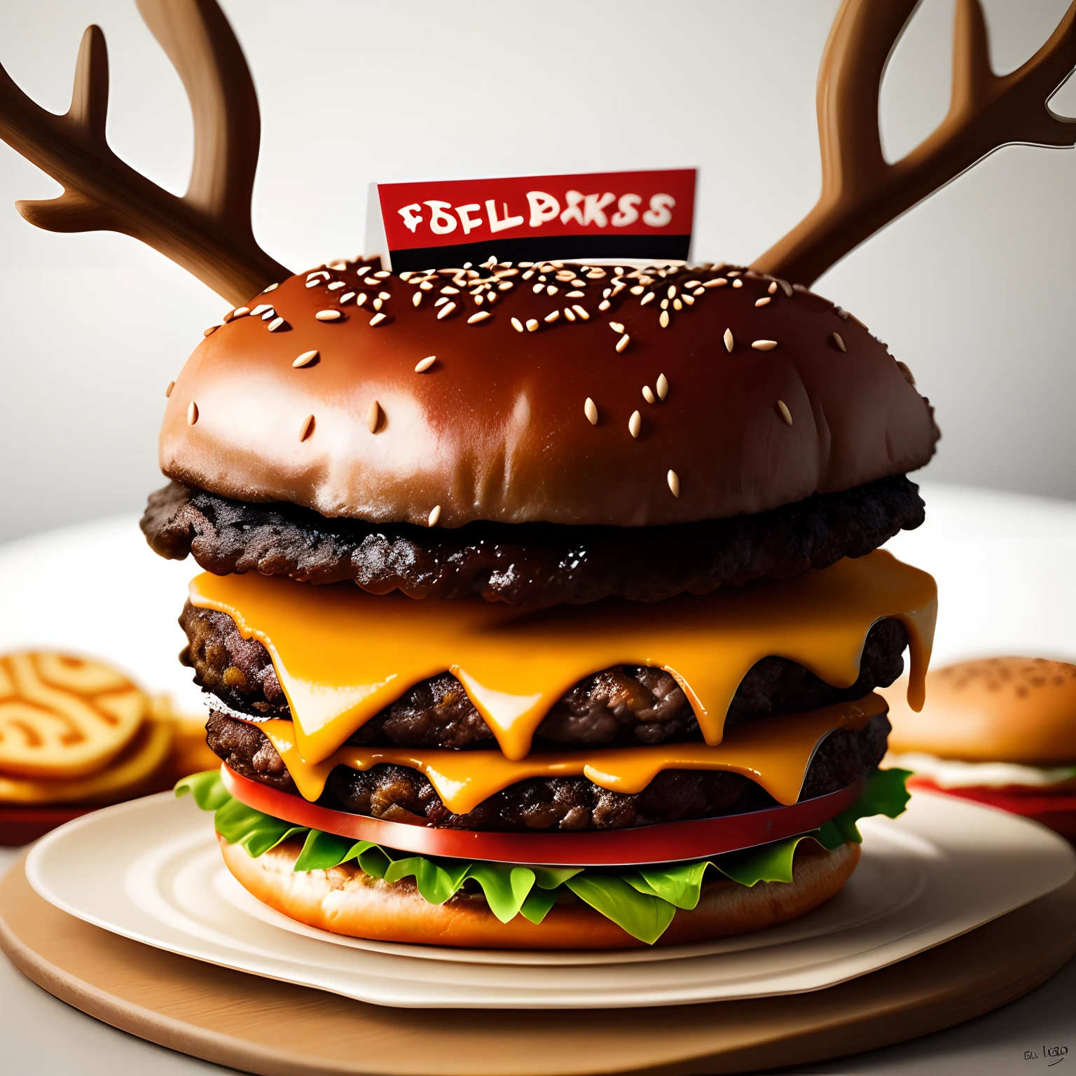 The burger has antlers on top, "Luke’s Burger"The logo is in the lower right corner