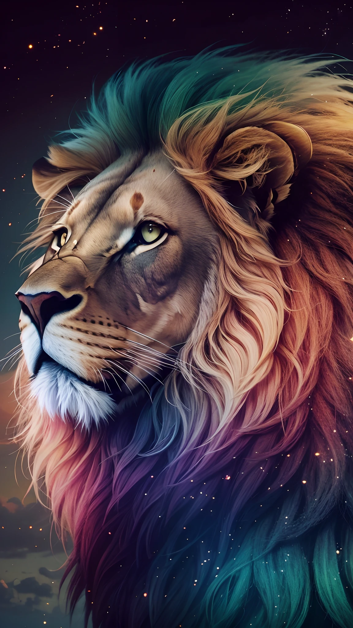 Lion, leone, King, naturais, Natureza, Natureza, Linda, renderizado, fotorrealista, UltraHD, 4k, texturasdetalhadas, thunders, sombras detalhadas, cores detalhadas, por do sol, sol se pondo, Sunset, Natureza Linda, fundo preto, por do sol, contraste detalhado, contraste realista, alta resolução, cores detalhadas,