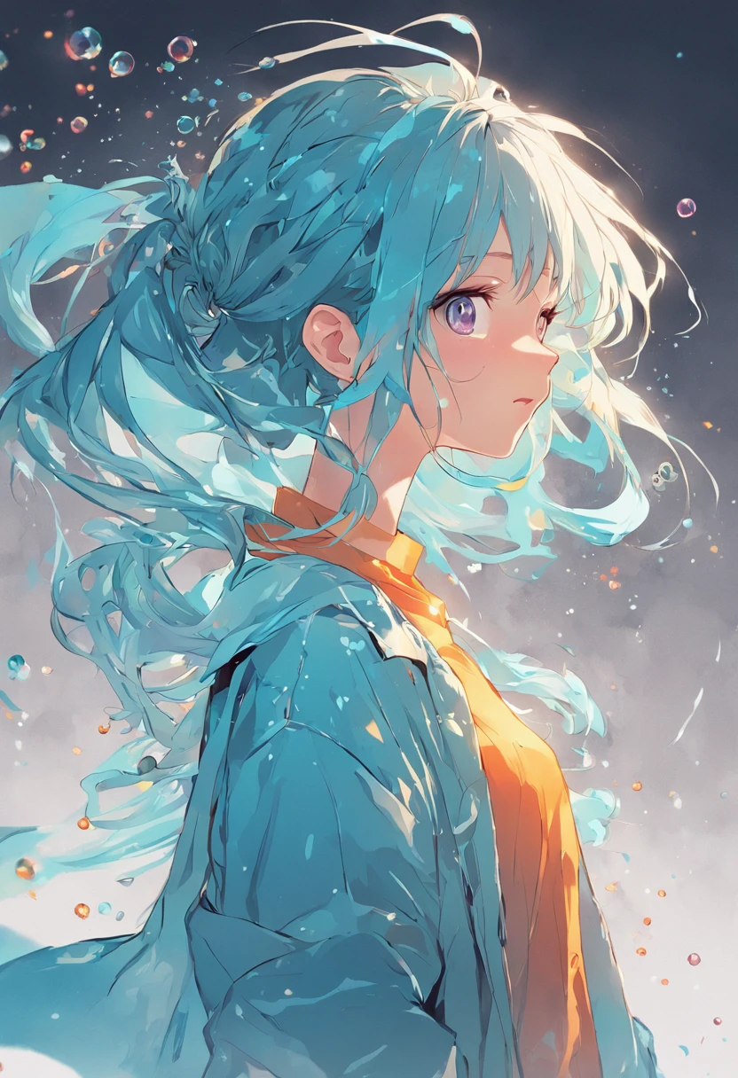 (masterpiece), (best quality), (ultra detailed),(disheveled hair),(illustration), (1girl), (Fashionable clothing), standing, Fashion model, looking at viewer, (interview), (simple background),beautiful detailed eyes, delicate beautiful face, Floating,(high saturation),(colorful splashes),colorful bubble,(shining), focus on face, ponytail, kamisato ayaka, light blue hair, bangs, hair ring, floating flowers, floating hairs, (shining), best lighting, best shadow,