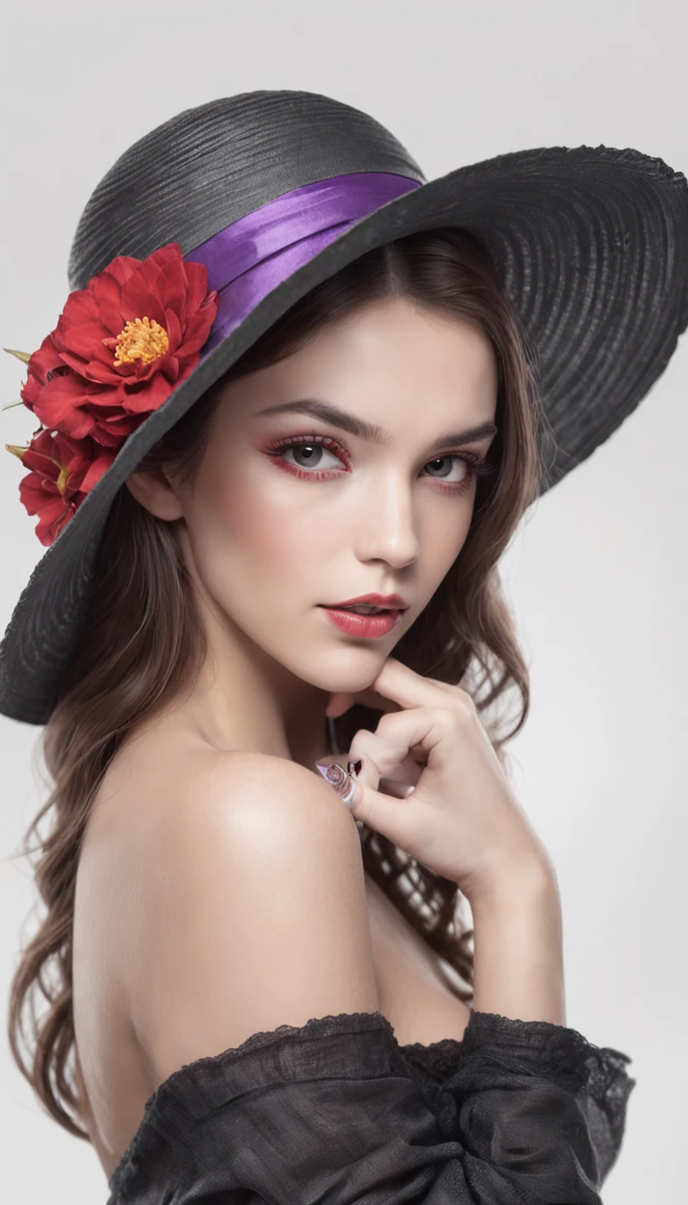 [Em uma folha de caderno de desenho com linhas azuis, A beautiful and intriguing woman looks at the viewer with a faint smile on her lips. Ela tem cabelos longos e escuros, que caem sobre os seus ombros. She wears a black hat adorned with red flowers, yellow and purple on the head. The hat contrasts with the white background of the leaf. The image is a true work of art of pencil painting, inspirada no estilo realista e detalhado de Diego Koi, um famoso artista italiano.]