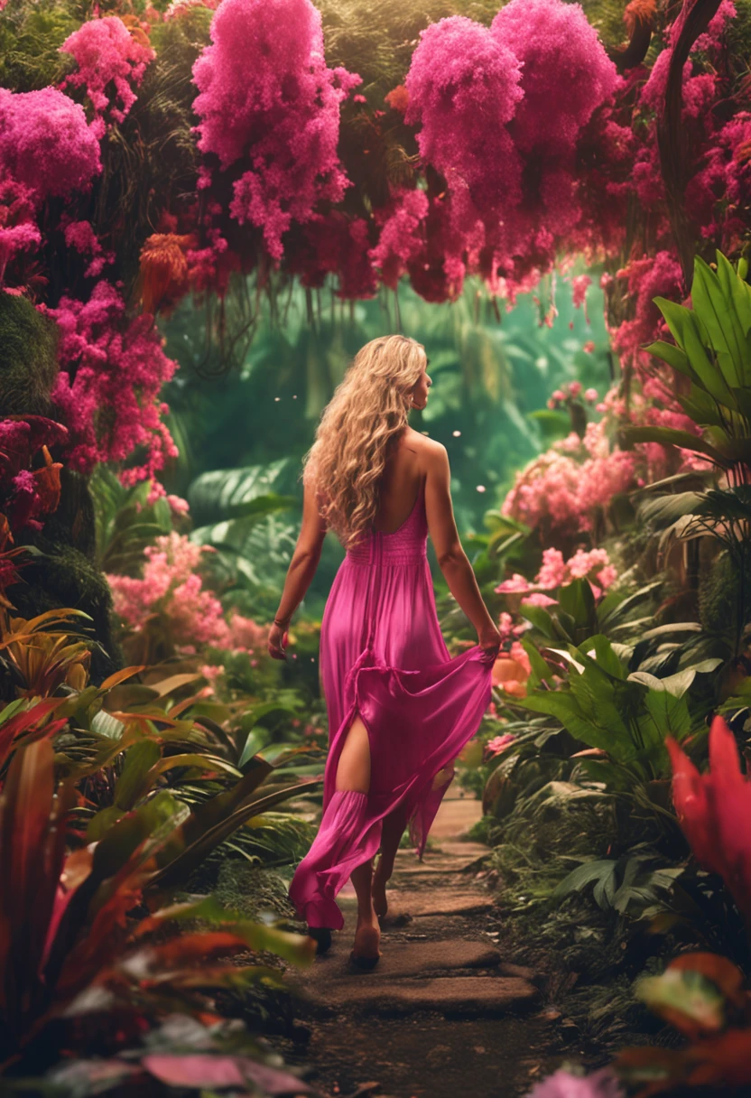 Um homem vestindo roupas simples, He is walking in a dense rainforest holding the hand of a girl with long curly blonde hair and wearing a simple pink dress