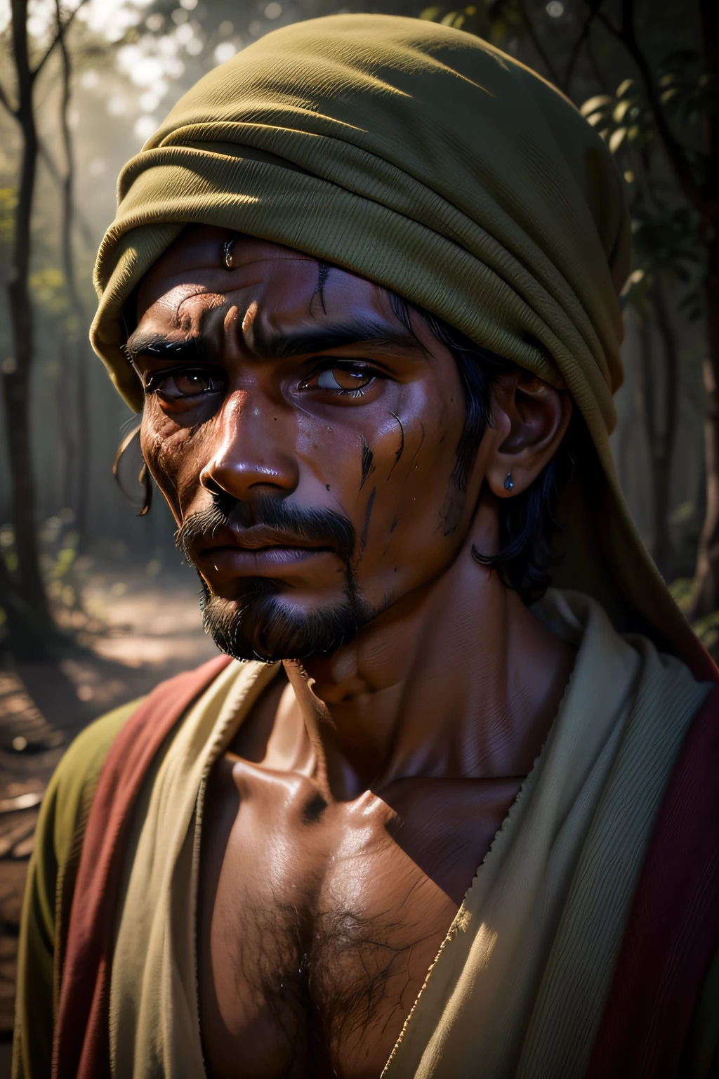 Portrait of ugly young Indian village man in forest, sharp facial features, haggard, tired, dirty, sad, cinematic, 35mm lens, f/1.8, highlight lighting, global lighting –uplight –v 4