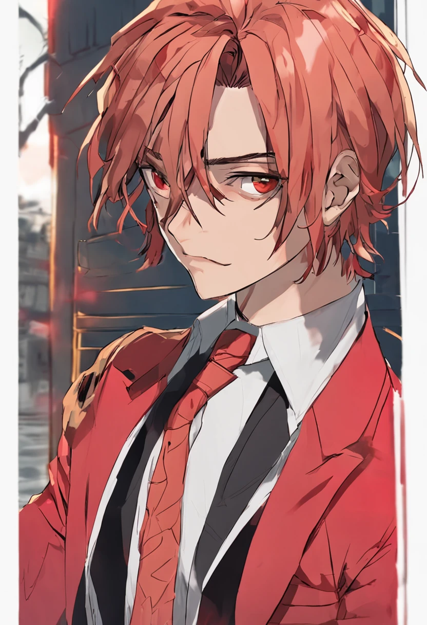 A male with long, red hair and green eyes. Wearing elegant clothes, standing on the stage and doing his performance. He's an actor