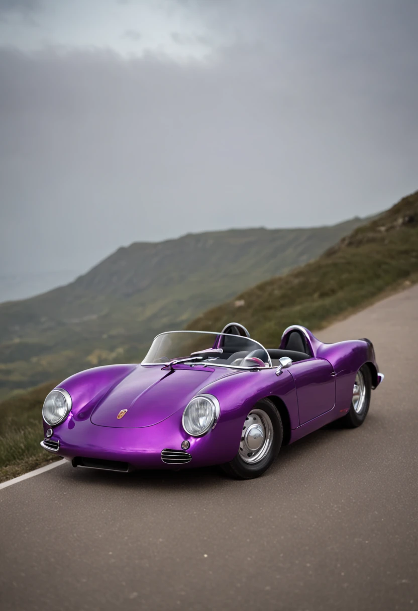 Porsche 550 Spyder in night flash by PURPLE neons realistic