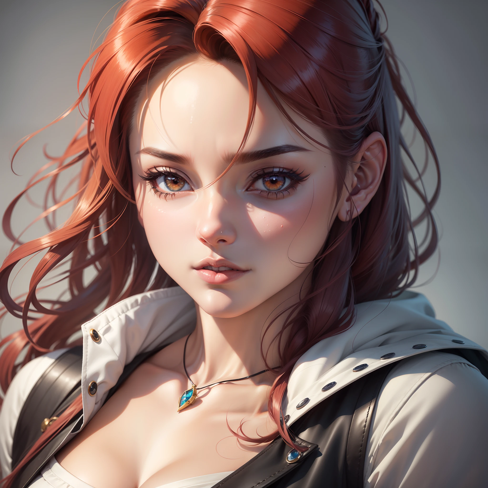 um close up de uma mulher com cabelos ruivos e um colar, arte de anime realista, retrato impressionante do rosto do anime, mulher bonita do anime, menina anime bonita, cabelos vermelhos carmesim e olhos vermelhos, cara de anime bonita, retrato bonito do anime, estilo realismo anime, Artgerm. High detail, mulher bonita sedutora do anime, Artgerm extremamente detalhado, menina anime, arte de anime